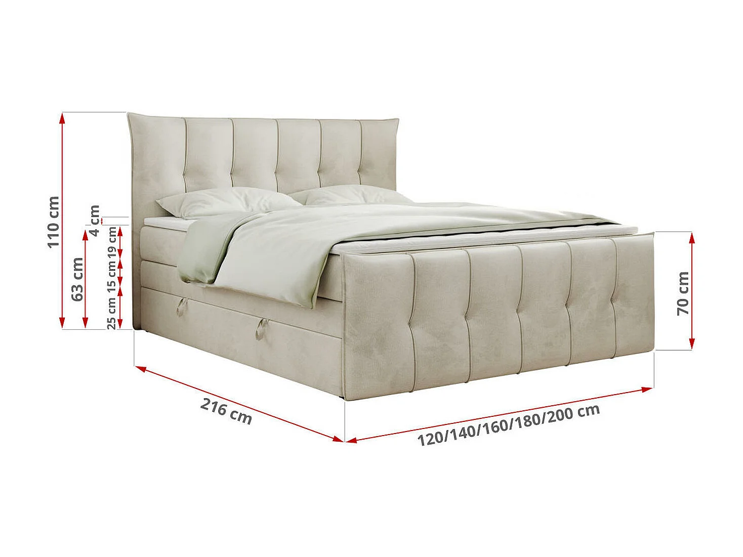 Boxspringbett PREMIUM 11 KING mit Stauraum, gestepptes Kopfteil, zwei Multipocket-Matratzen - 120x200 cm - H4 - Beige Velvet