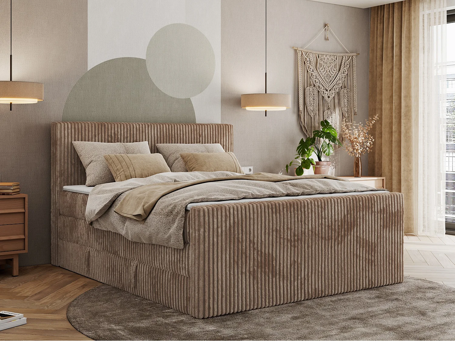 Boxspringbett TILIANO KING DUO, mit zwei Bettkästen, Cord Bett Multipocket-Matratze - 180x200 cm - H4 - Braun Cord