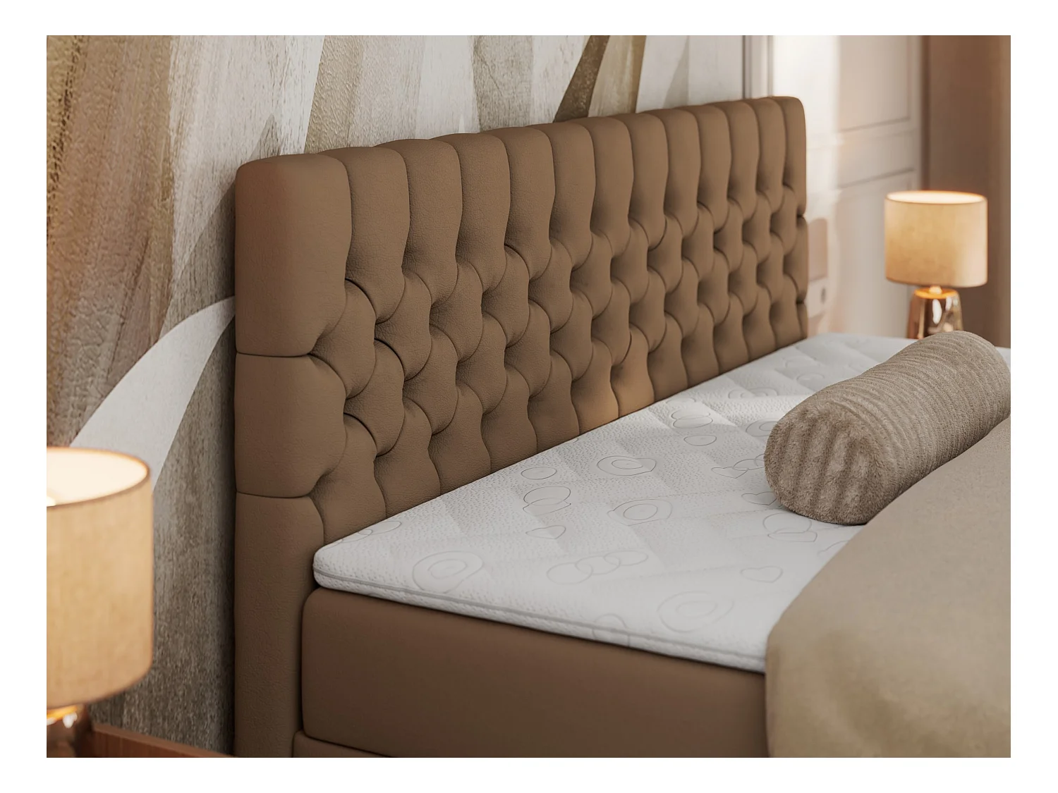 Boxspringbett GRIMALDI mit zwei Bettkästen, gesteppter Kopfstütze, Metallfüßen - 120x200 cm - H4 - Braun Kunstleder