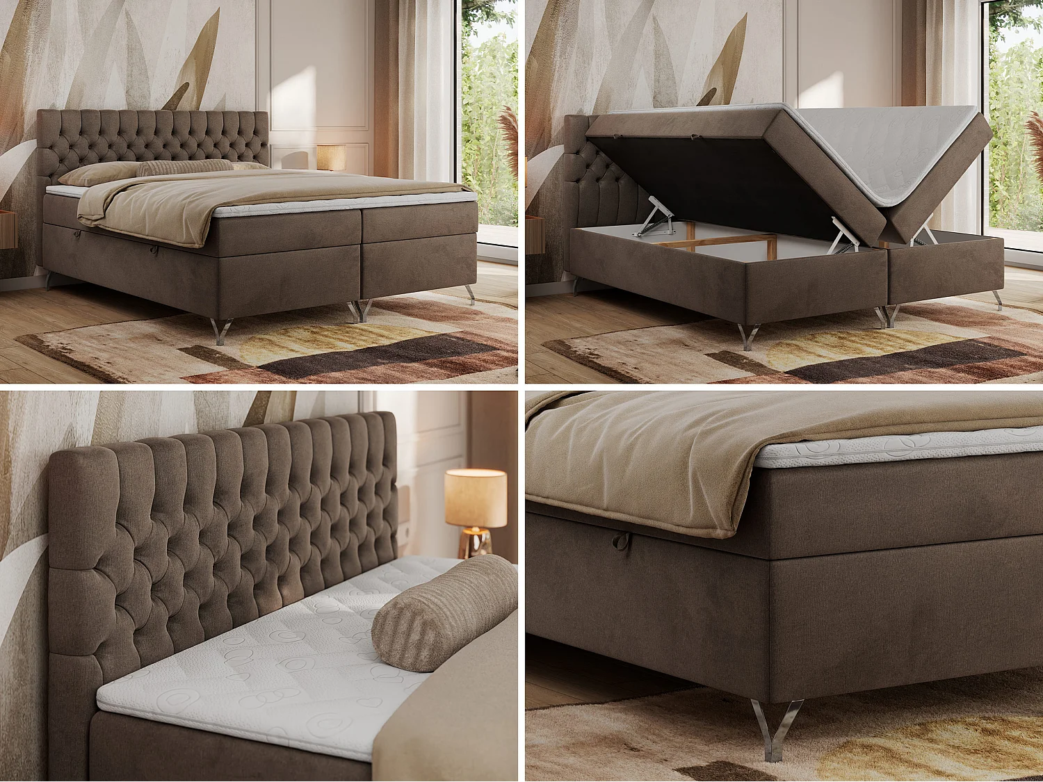 Boxspringbett GRIMALDI mit zwei Bettkästen, gesteppter Kopfstütze, Metallfüßen - 160x200 cm - H3 - Braun Velvet