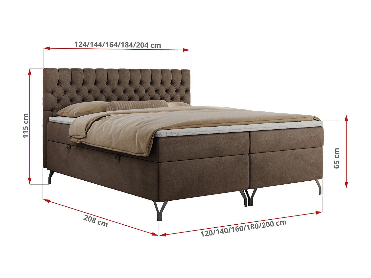 Boxspringbett GRIMALDI mit zwei Bettkästen, gesteppter Kopfstütze, Metallfüßen - 160x200 cm - H3 - Braun Velvet