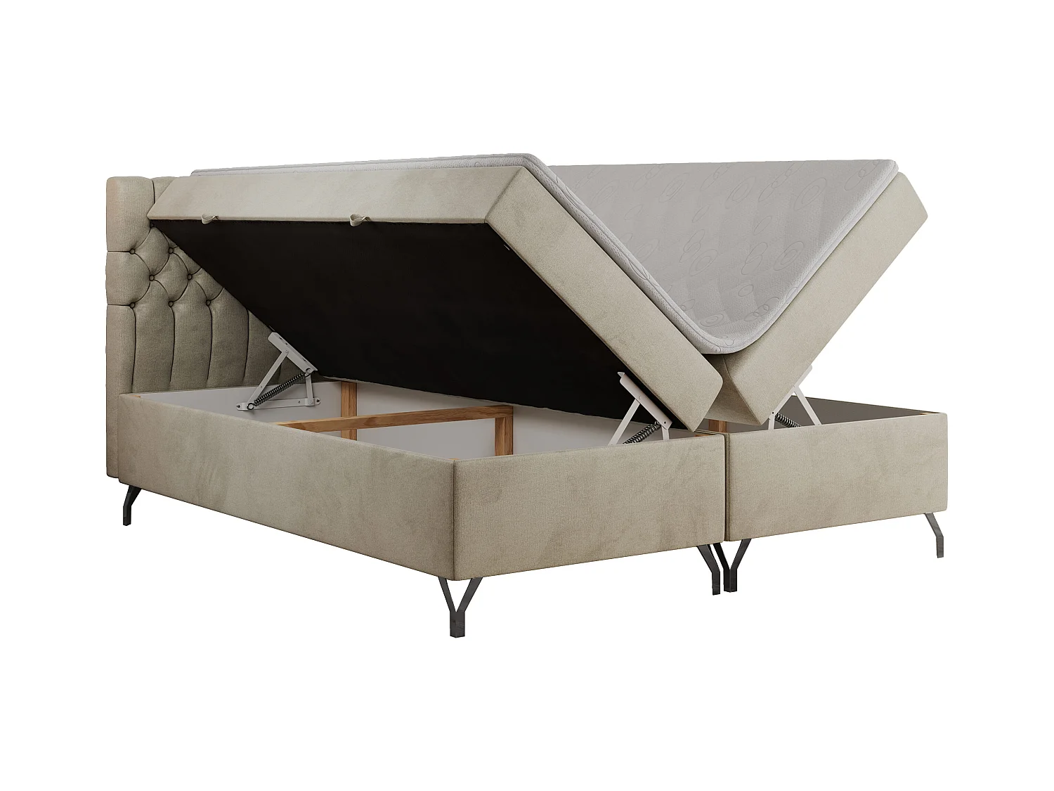 Boxspringbett GRIMALDI mit zwei Bettkästen, gesteppter Kopfstütze, Metallfüßen - 120x200 cm - H3 - Beige Velvet