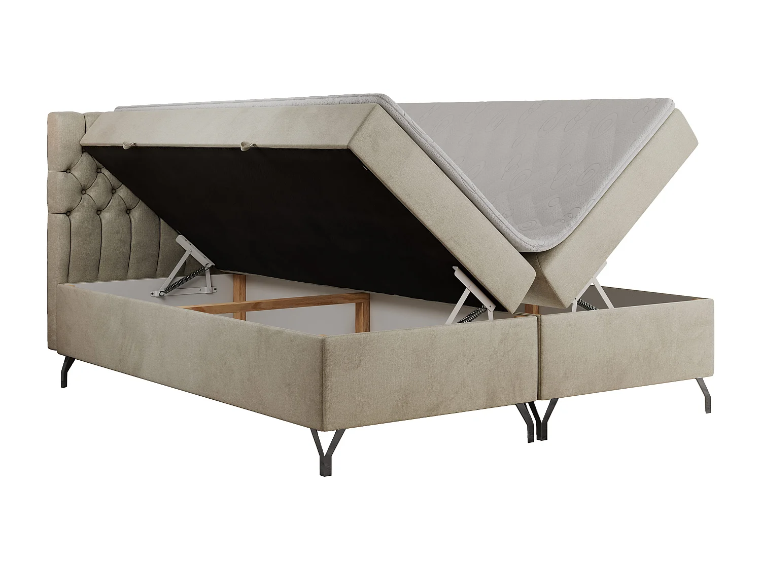 Boxspringbett GRIMALDI mit zwei Bettkästen, gesteppter Kopfstütze, Metallfüßen - 120x200 cm - H3 - Beige Velvet