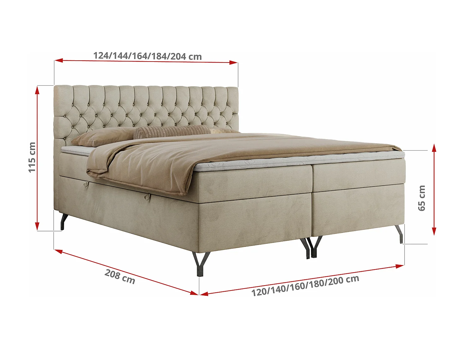 Boxspringbett GRIMALDI mit zwei Bettkästen, gesteppter Kopfstütze, Metallfüßen - 120x200 cm - H3 - Beige Velvet