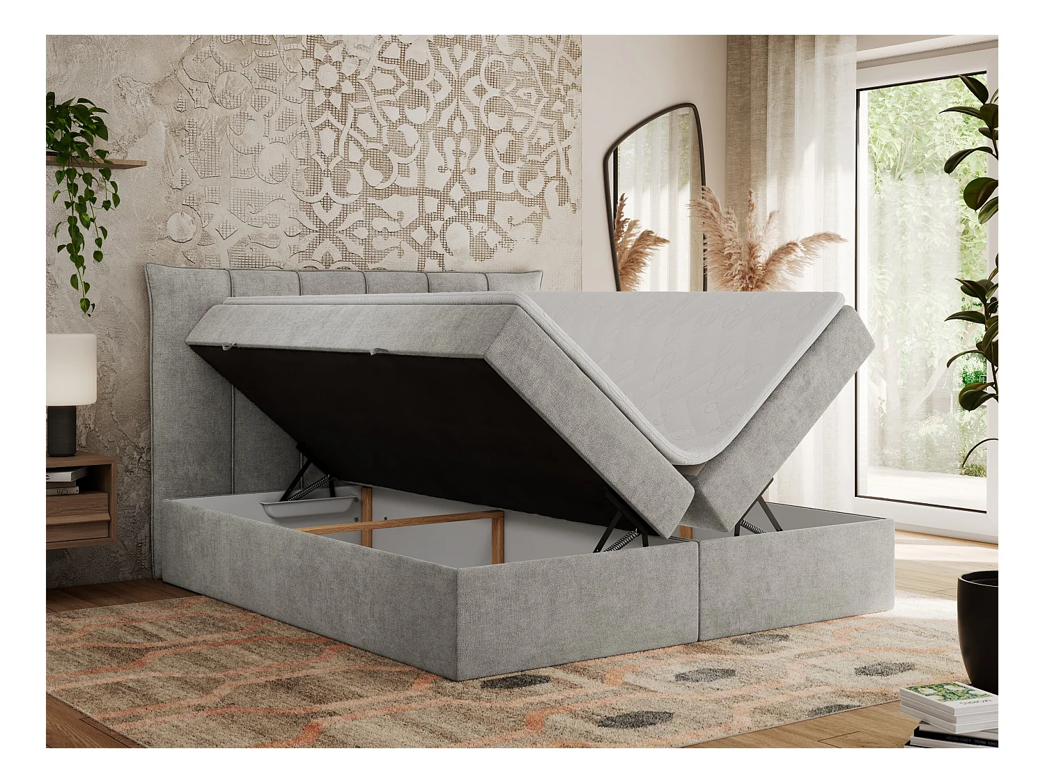 Boxspringbett PREMIUM 10 mit Multipocket-Matratze, gesteppte Kopfstütze, zwei Bettkästen - 160x200 cm - H4 - Hellgrau Strukture