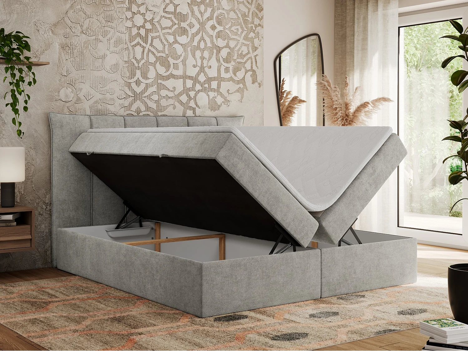 Boxspringbett PREMIUM 10 mit Multipocket-Matratze, gesteppte Kopfstütze, zwei Bettkästen - 160x200 cm - H4 - Hellgrau Strukture