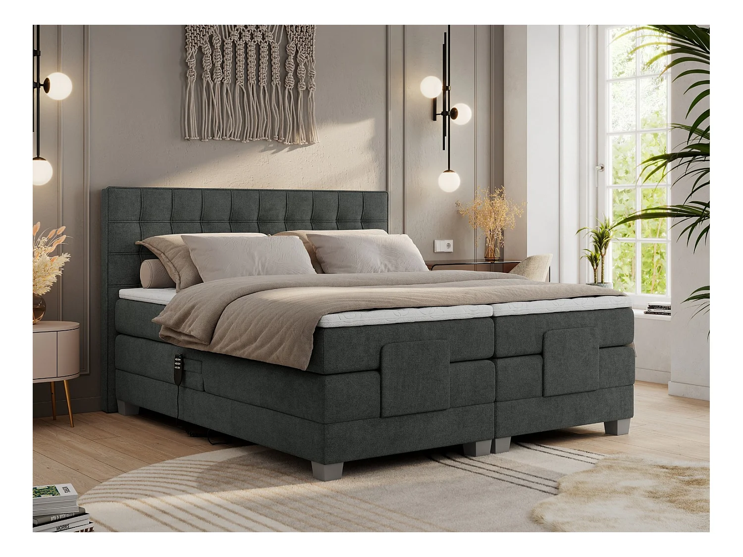 Boxspringbett ELEKTRO mit Multipocket-Matratze, Elektrisch verstellbare, genähtes Kopfteil - 160x200 cm - H4 - Dunkelgrau Strukture