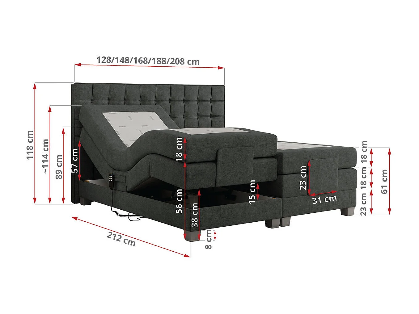 Boxspringbett ELEKTRO mit Multipocket-Matratze, Elektrisch verstellbare, genähtes Kopfteil - 160x200 cm - H4 - Dunkelgrau Strukture