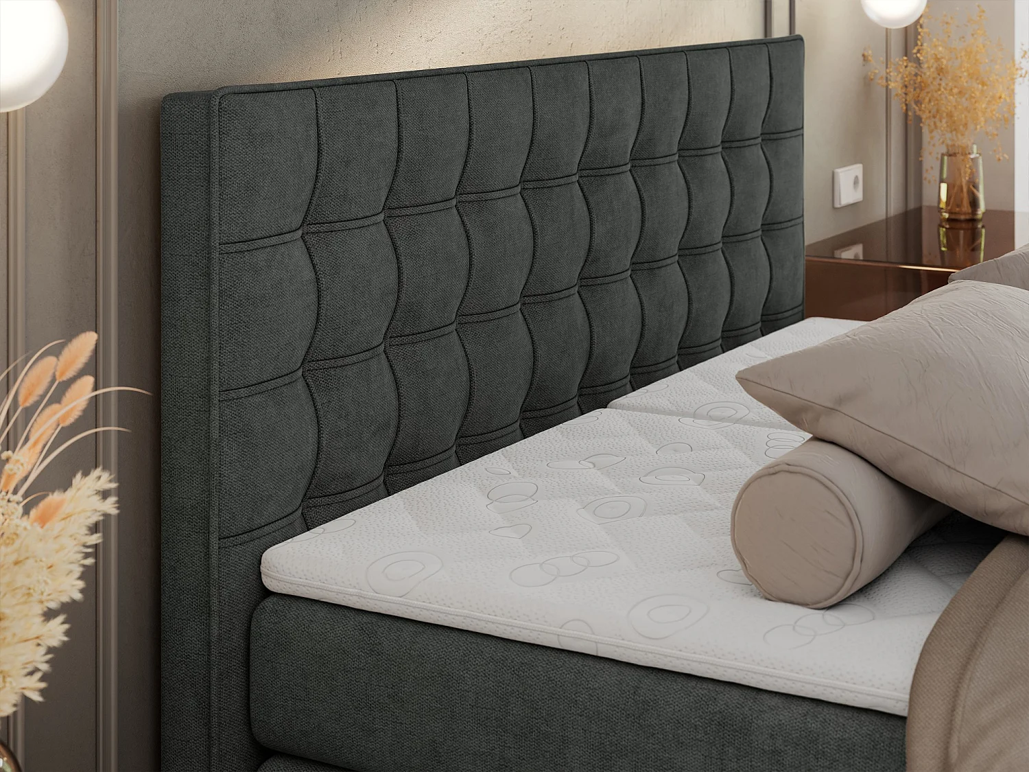 Boxspringbett ELEKTRO mit Multipocket-Matratze, Elektrisch verstellbare, genähtes Kopfteil - 160x200 cm - H4 - Dunkelgrau Strukture