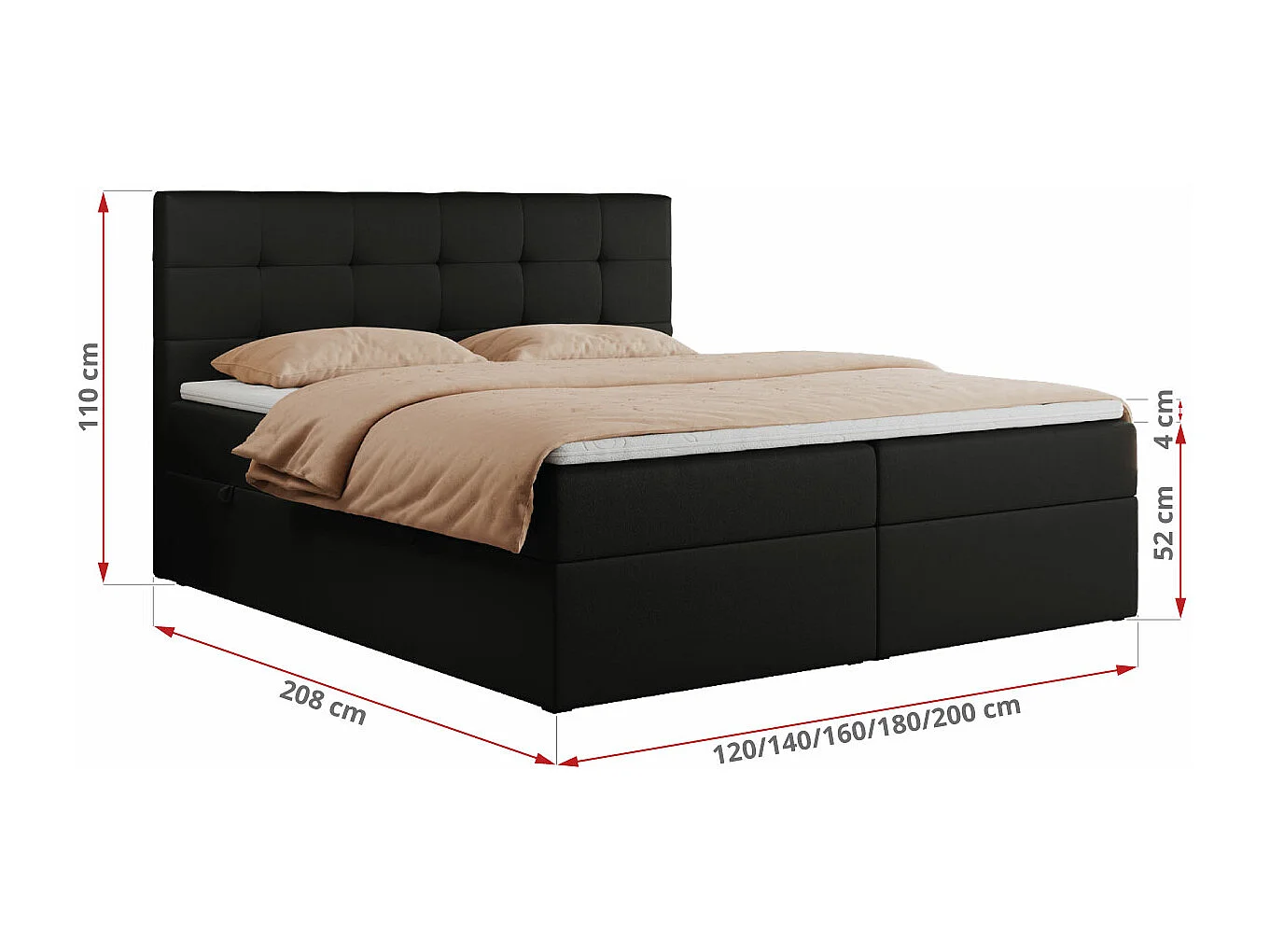 Boxspringbett CENTOS mit gestepptem Kopfteil, Multipocket-Matratze, Doppelbett mit Stauraum - 140x200 cm - H3 - Schwarz Kunstleder