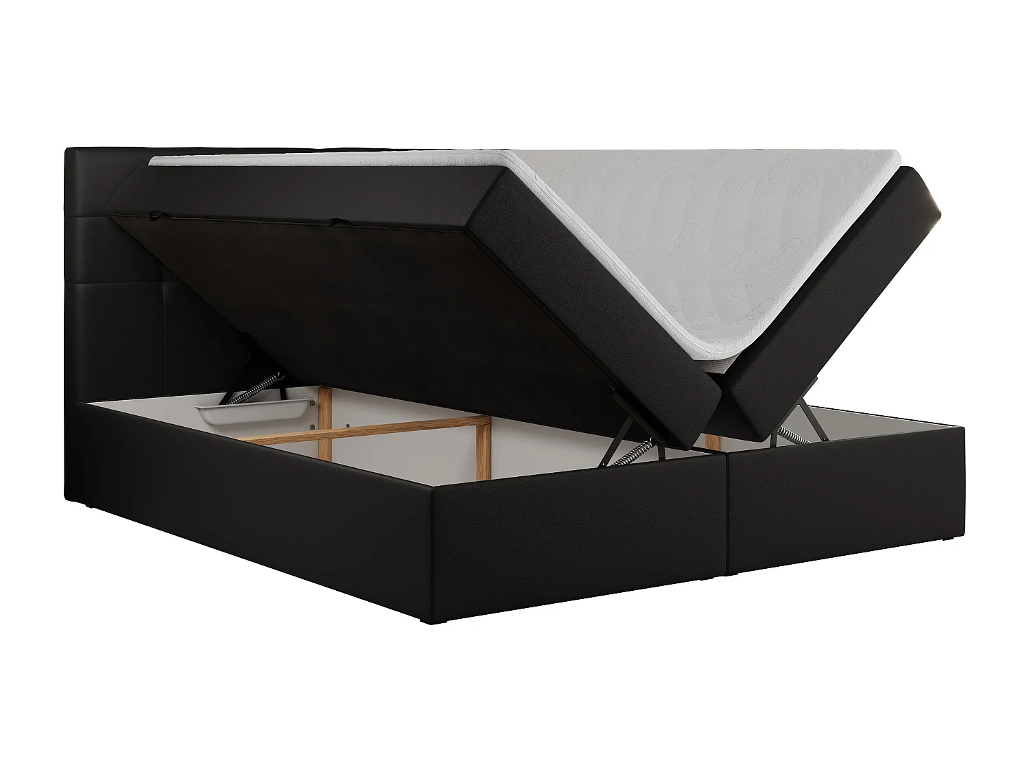 Boxspringbett CENTOS mit gestepptem Kopfteil, Multipocket-Matratze, Doppelbett mit Stauraum - 140x200 cm - H3 - Schwarz Kunstleder