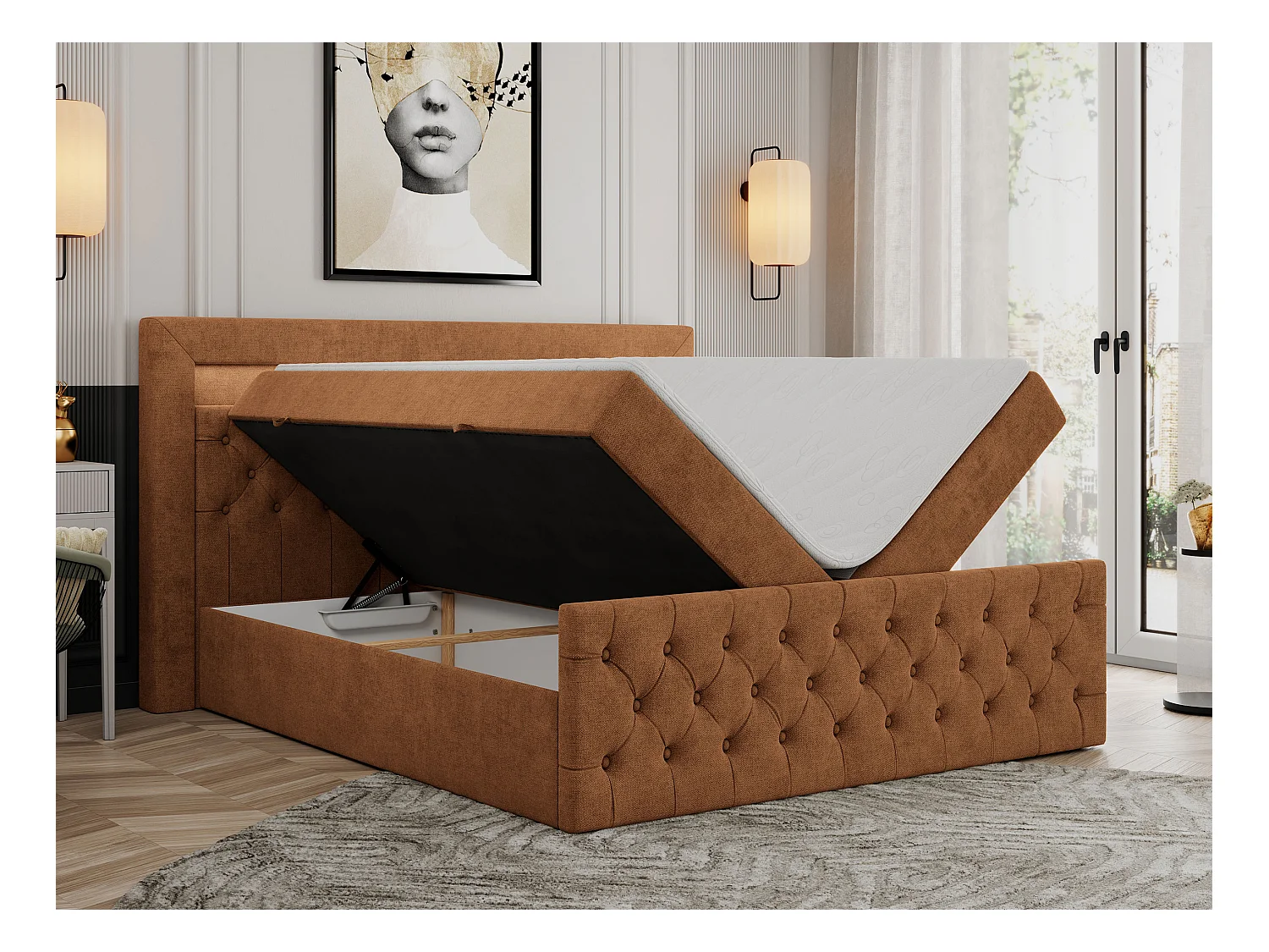Boxspringbett GOLD 9 mit Stauraum, Multipocket-Matratze, gestepptes Bett, LED Beleuchtung - 160x200 cm - H3 - Orange Strukture