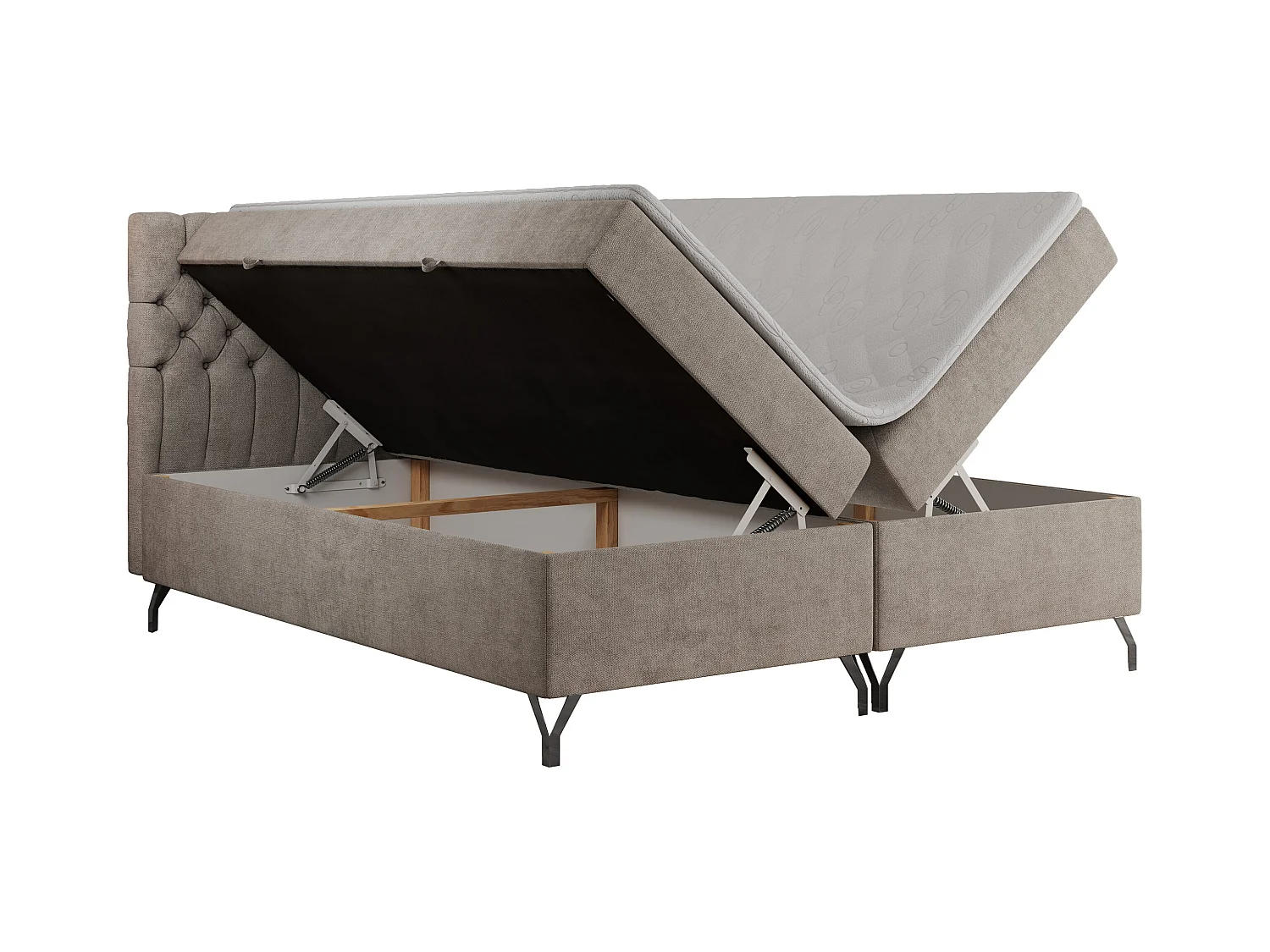 Boxspringbett GRIMALDI mit zwei Bettkästen, gesteppter Kopfstütze, Metallfüßen - 200x200 cm - H3 - Beige Strukture