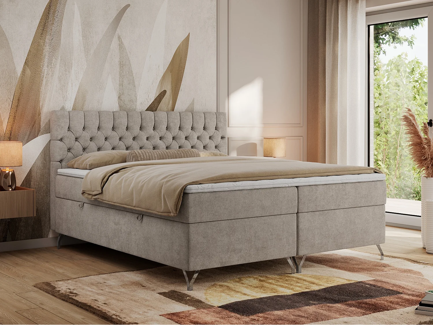 Boxspringbett GRIMALDI mit zwei Bettkästen, gesteppter Kopfstütze, Metallfüßen - 200x200 cm - H3 - Beige Strukture