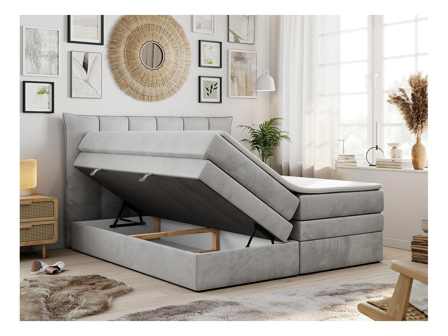 Boxspringbett PREMIUM 10 KING, Doppelbett mit Stauraum, gesteppte Kopfstütze, Multipocket-Matratze - 120x200 cm - H4 - Hellgrau Velvet