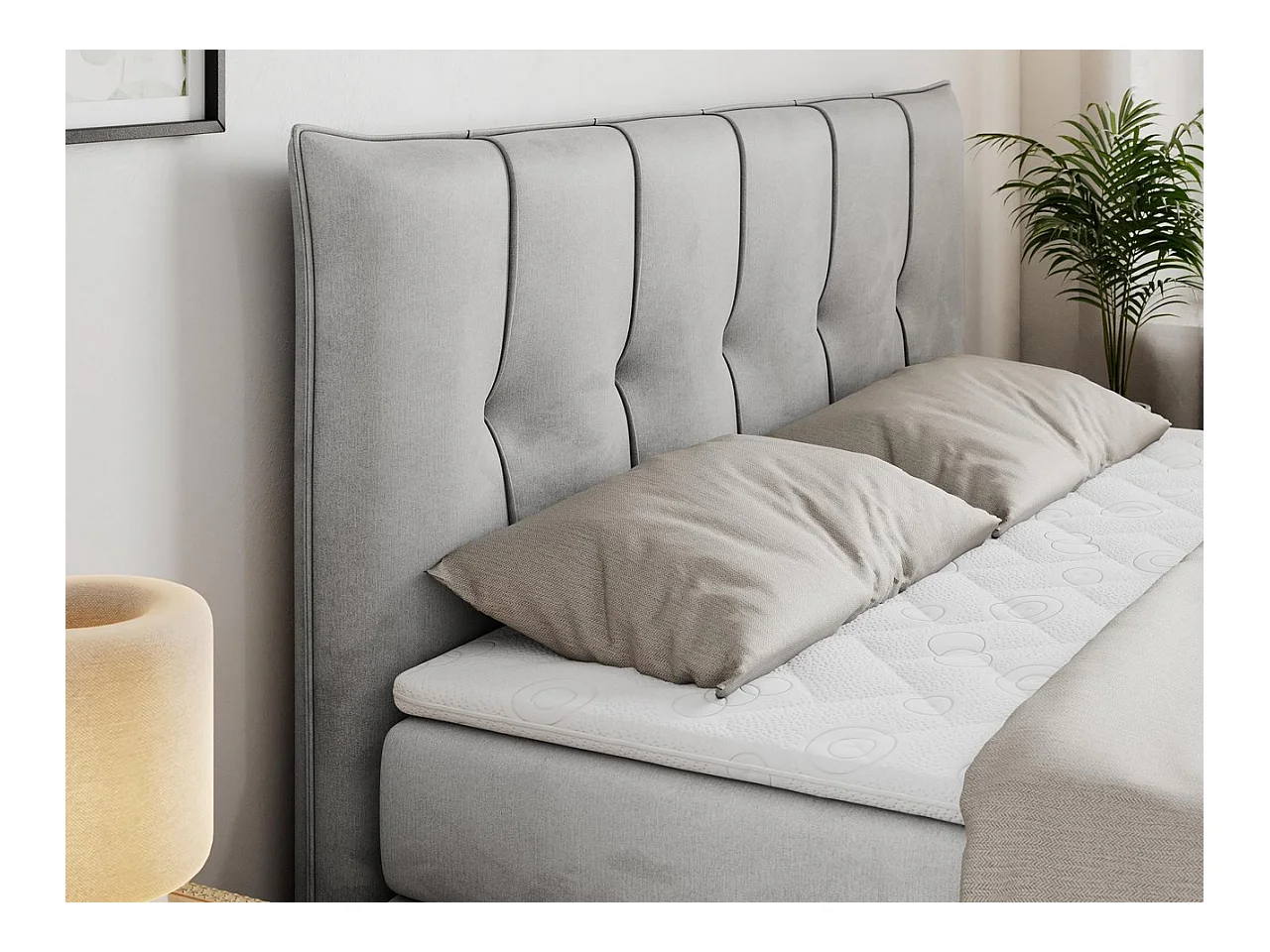 Boxspringbett PREMIUM 10 KING, Doppelbett mit Stauraum, gesteppte Kopfstütze, Multipocket-Matratze - 120x200 cm - H4 - Hellgrau Velvet