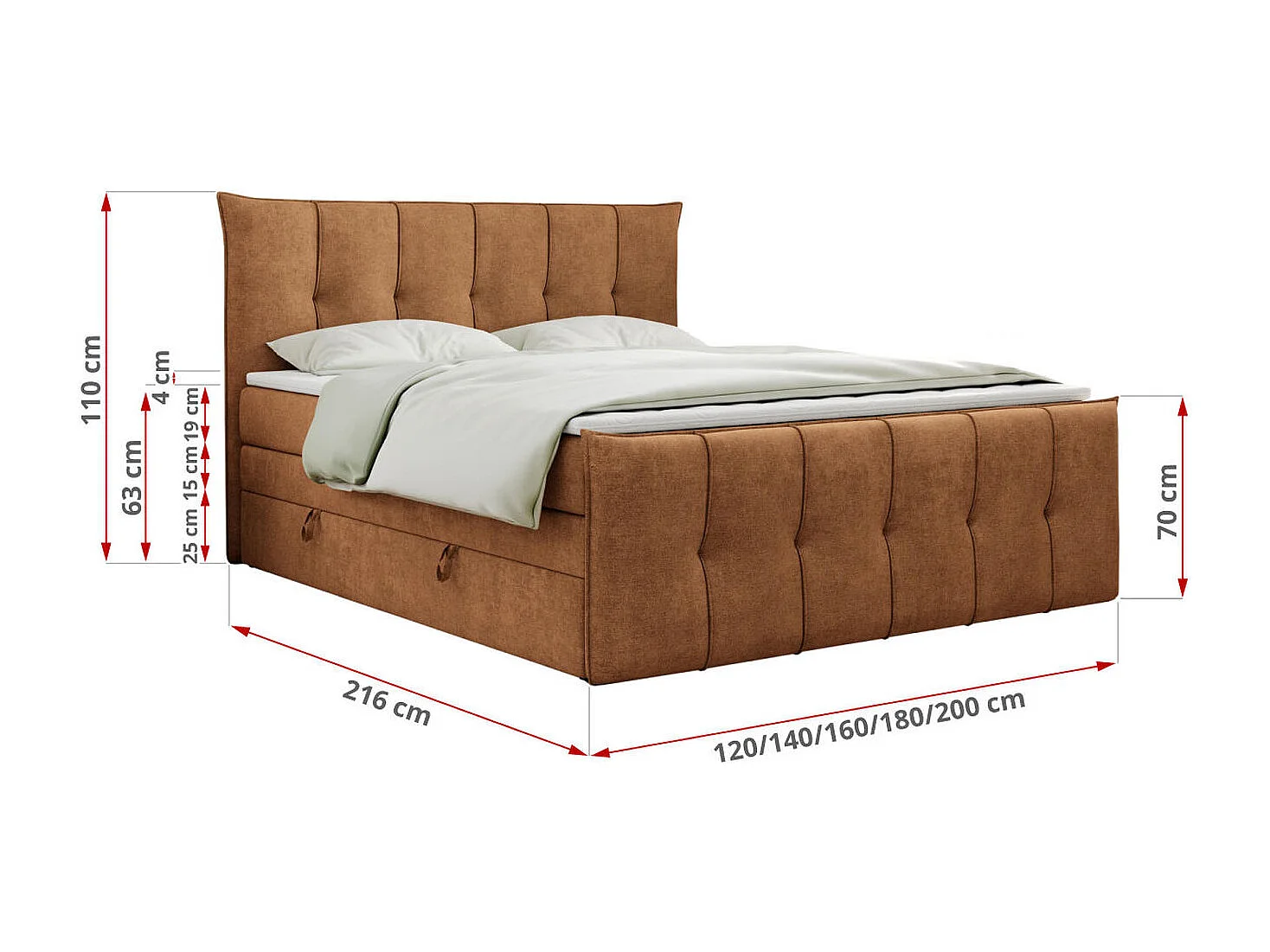 Boxspringbett PREMIUM 11 KING mit Stauraum, gestepptes Kopfteil, zwei Multipocket-Matratzen - 200x200 cm - H4 - Orange Strukture