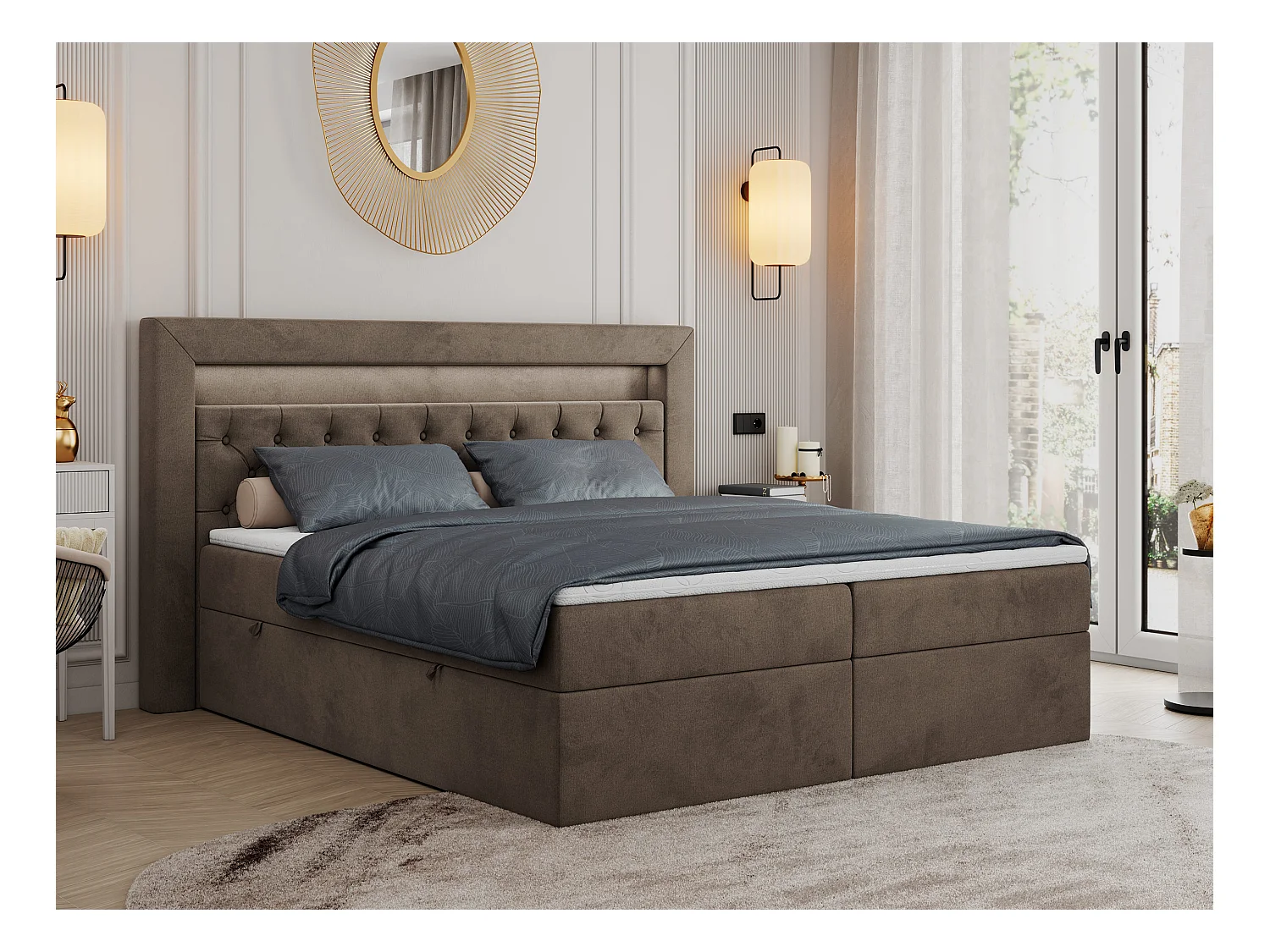 Boxspringbett GOLD 6, Doppelbett mit Stauraum, LED-Beleuchtung, gesteppte Kopfstütze - 180x200 cm - H3 - Braun Velvet