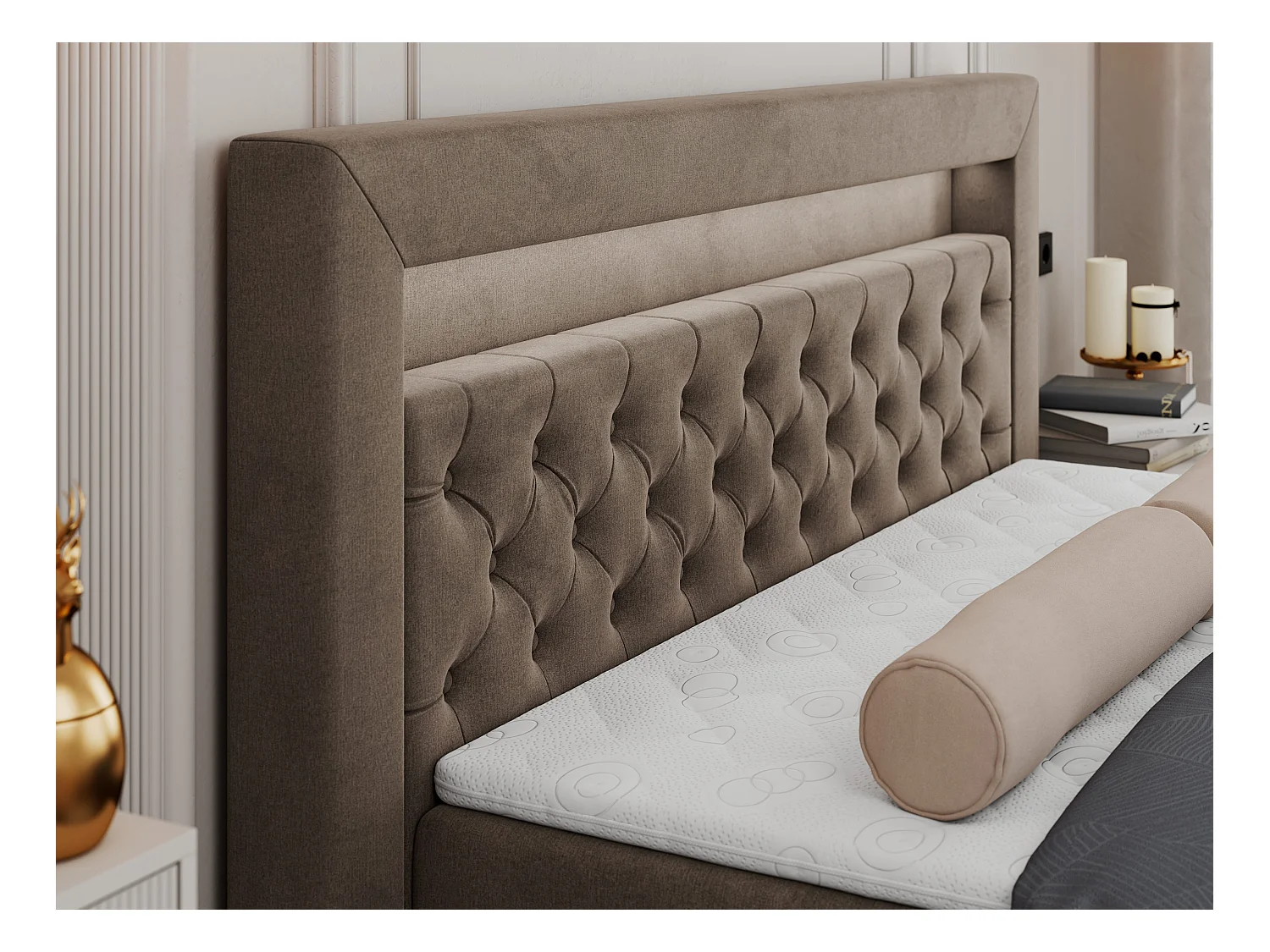 Boxspringbett GOLD 6, Doppelbett mit Stauraum, LED-Beleuchtung, gesteppte Kopfstütze - 180x200 cm - H3 - Braun Velvet