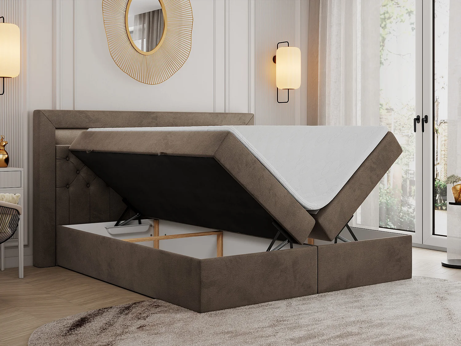 Boxspringbett GOLD 6, Doppelbett mit Stauraum, LED-Beleuchtung, gesteppte Kopfstütze - 180x200 cm - H3 - Braun Velvet