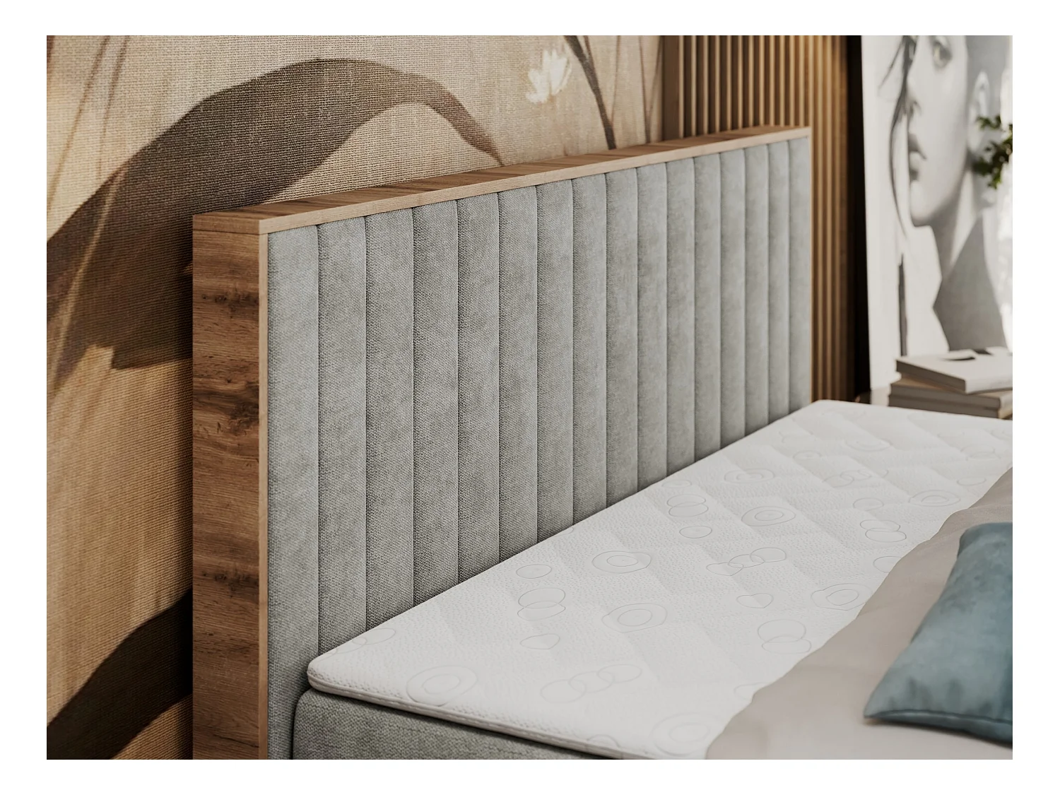 Boxspringbett ALBERO 4, Eiche Wotan Holzrahmen, mit Stauraum, genähtes Kopfteil - 200x200 cm - H4 - Hellgrau Strukture