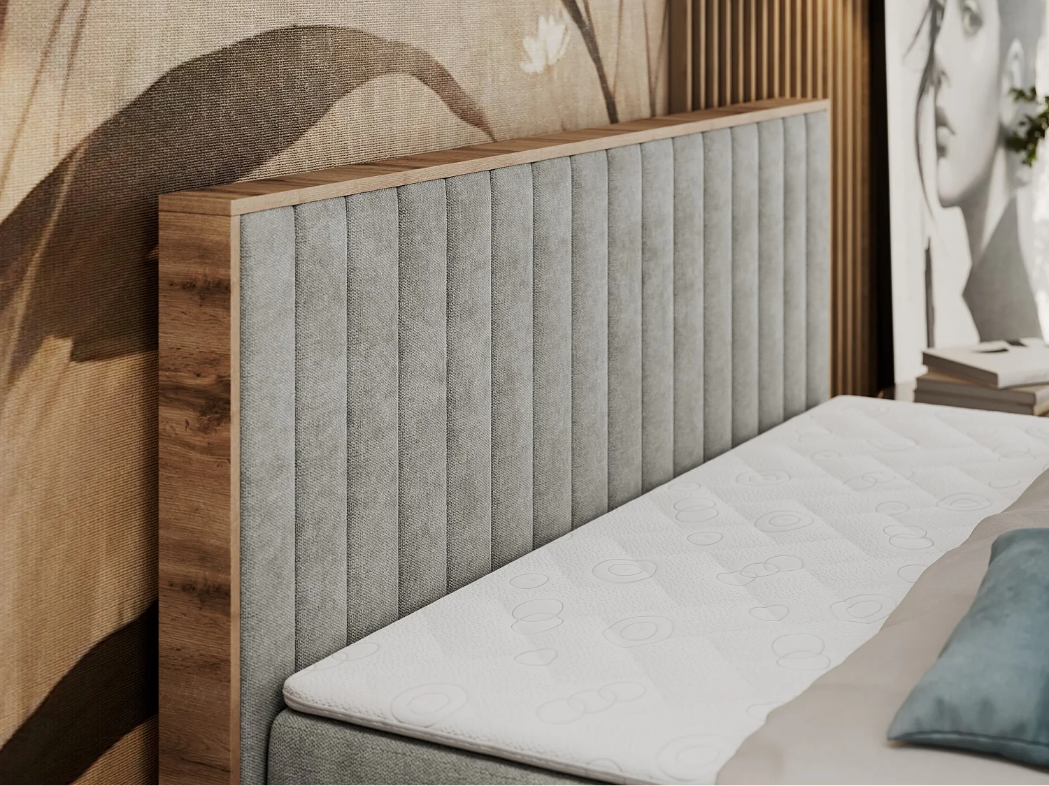 Boxspringbett ALBERO 4, Eiche Wotan Holzrahmen, mit Stauraum, genähtes Kopfteil - 200x200 cm - H4 - Hellgrau Strukture