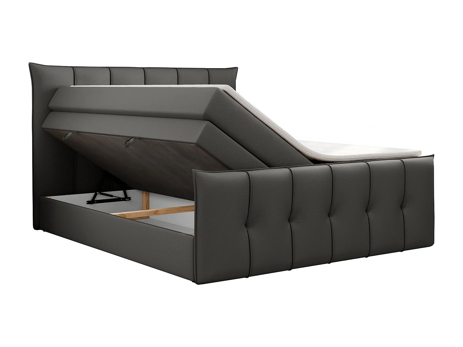 Boxspringbett PREMIUM 11 KING mit Stauraum, gestepptes Kopfteil, zwei Multipocket-Matratzen - 120x200 cm - H3 - Dunkelgrau Kunstleder