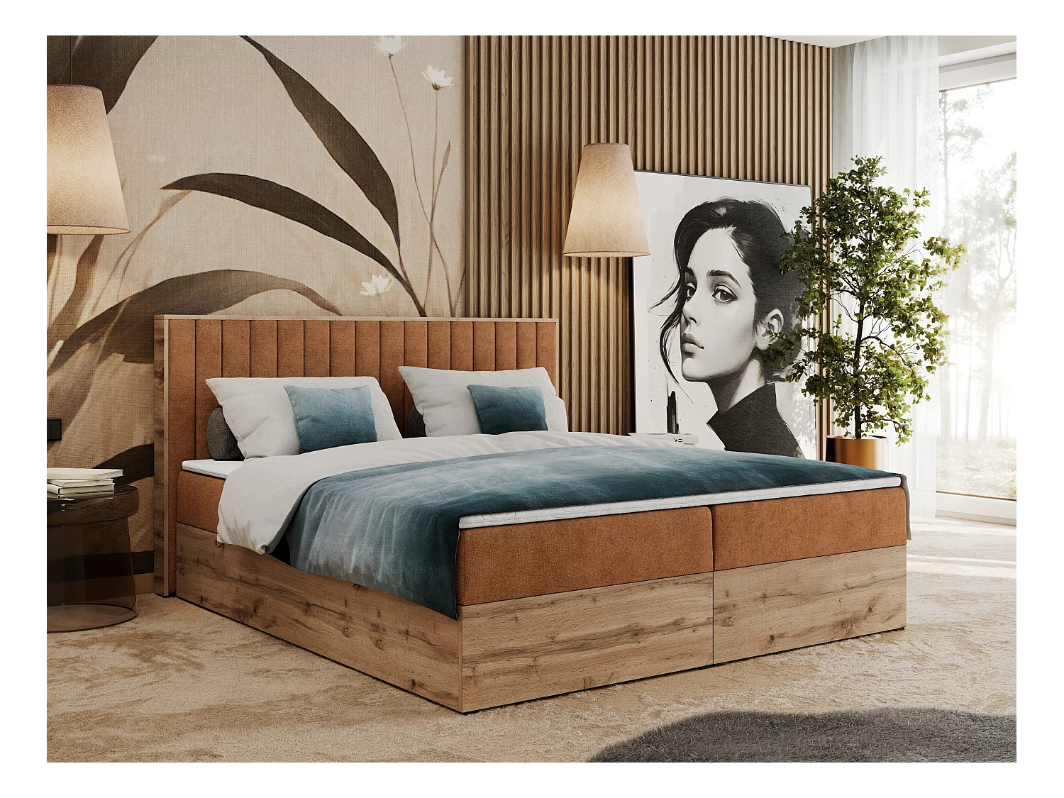 Boxspringbett ALBERO 4, Eiche Wotan Holzrahmen, mit Stauraum, genähtes Kopfteil - 120x200 cm - H3 - Orange Strukture