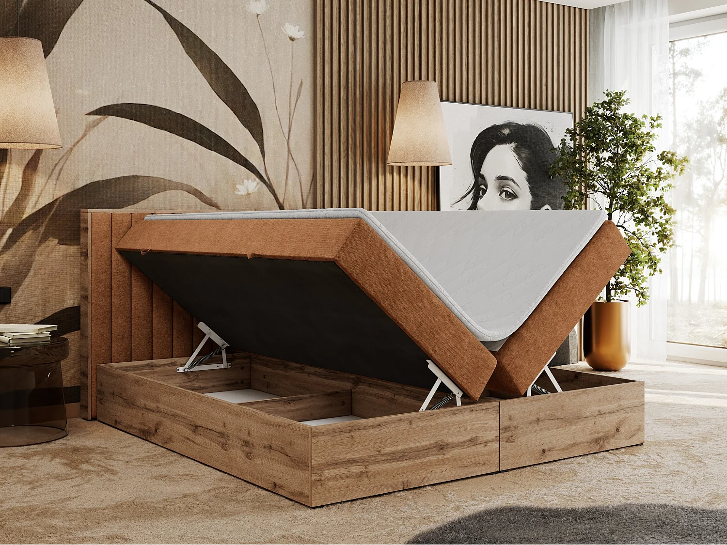 Boxspringbett ALBERO 4, Eiche Wotan Holzrahmen, mit Stauraum, genähtes Kopfteil - 120x200 cm - H3 - Orange Strukture