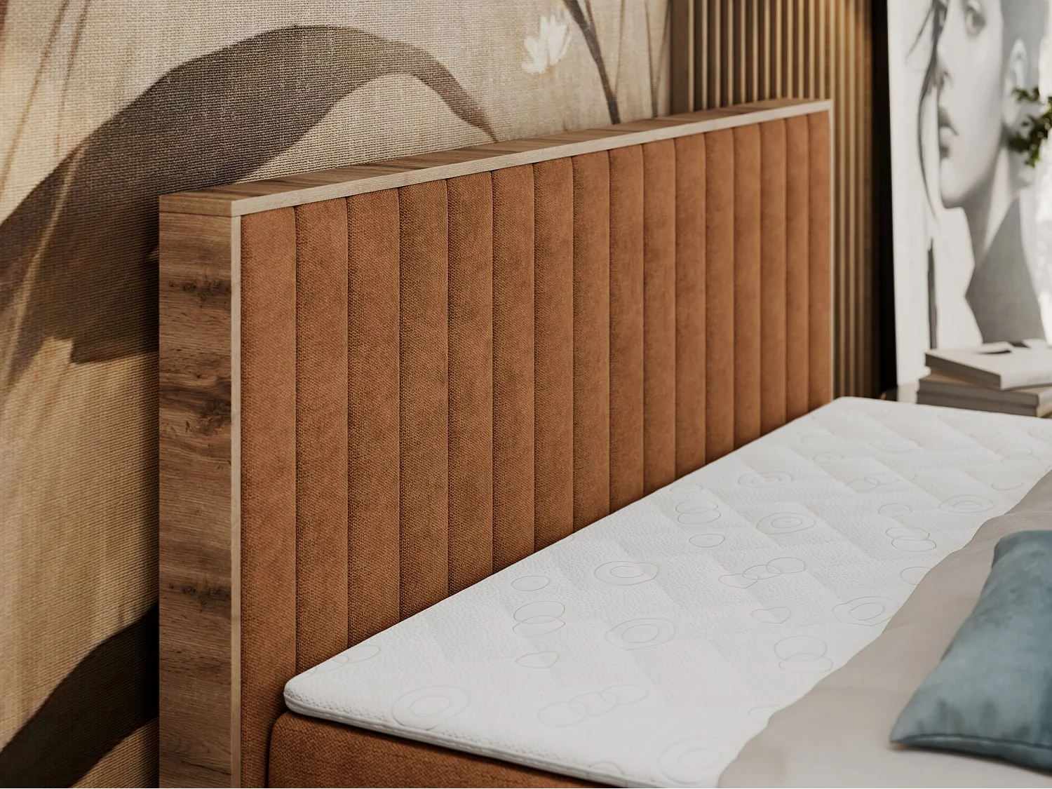 Boxspringbett ALBERO 4, Eiche Wotan Holzrahmen, mit Stauraum, genähtes Kopfteil - 120x200 cm - H3 - Orange Strukture