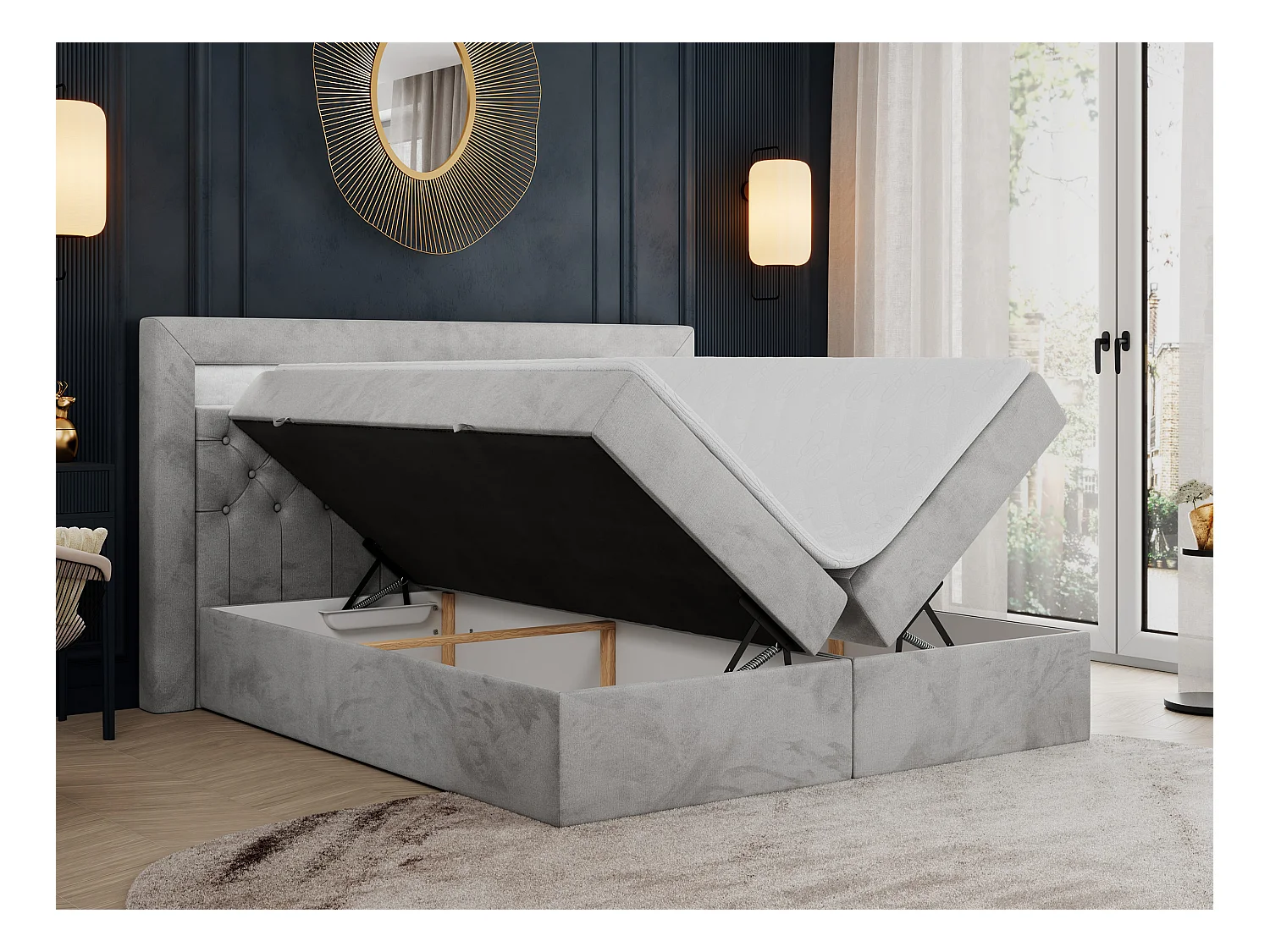 Boxspringbett GOLD 6, Doppelbett mit Stauraum, LED-Beleuchtung, gesteppte Kopfstütze - 180x200 cm - H4 - Hellgrau Velvet