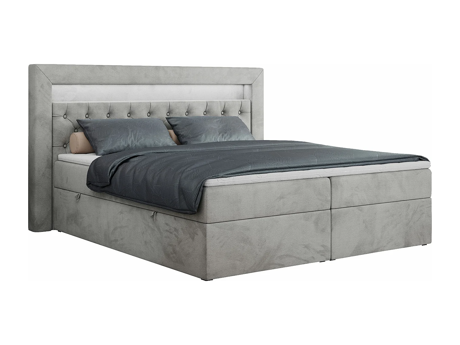 Boxspringbett GOLD 6, Doppelbett mit Stauraum, LED-Beleuchtung, gesteppte Kopfstütze - 180x200 cm - H4 - Hellgrau Velvet