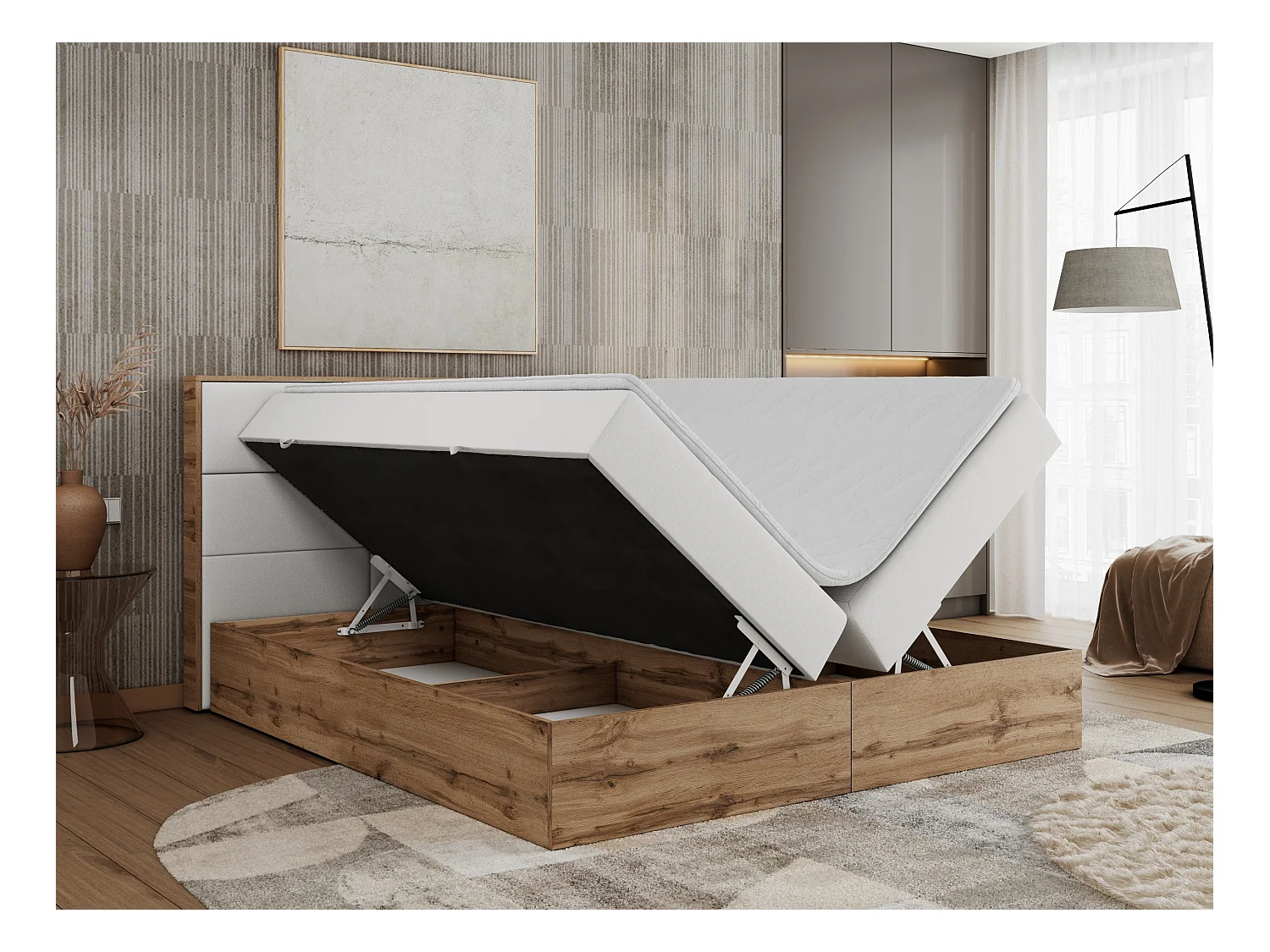 Boxspringbett ALBERO 2 mit Topper und Multipocket-Matratze, Stauraum, Holzrahmen - 200x200 cm - H4 - Weiß Kunstleder