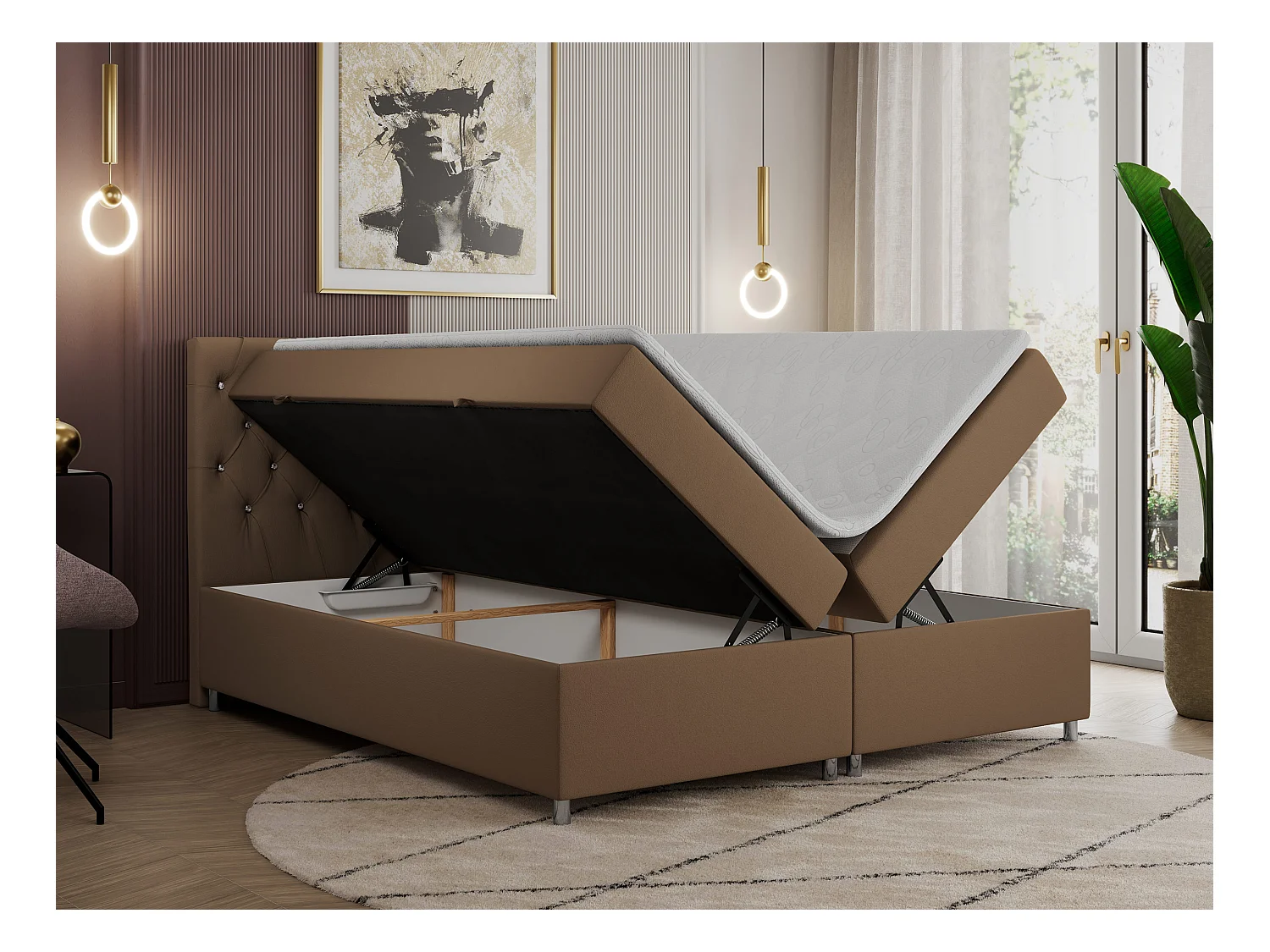 Boxspringbett ROMA mit gestepptem Kopfteil, Multipocket-Matratze, dekorative Füße - 160x200 cm - H3 - Braun Kunstleder
