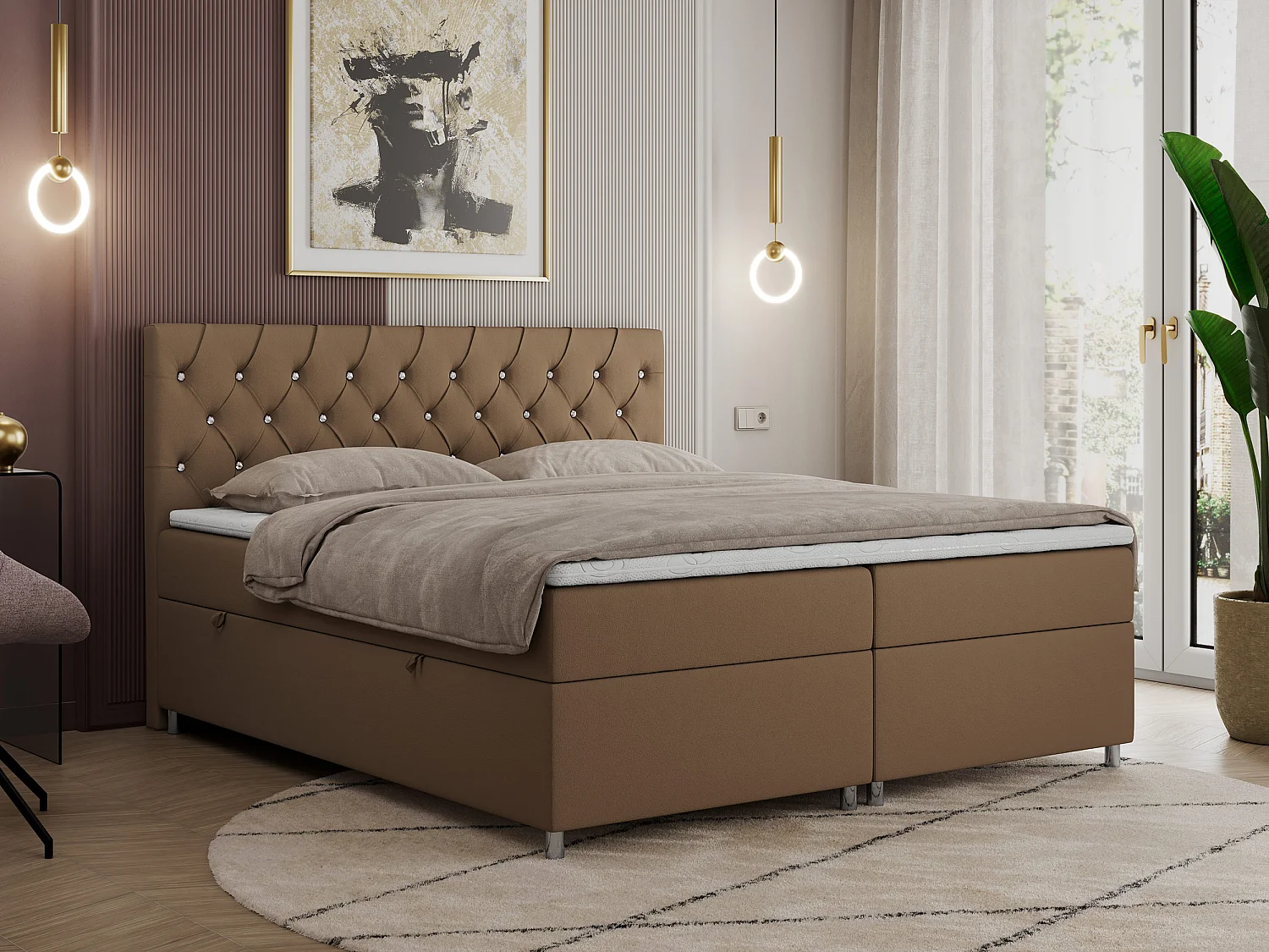 Boxspringbett ROMA mit gestepptem Kopfteil, Multipocket-Matratze, dekorative Füße - 160x200 cm - H3 - Braun Kunstleder
