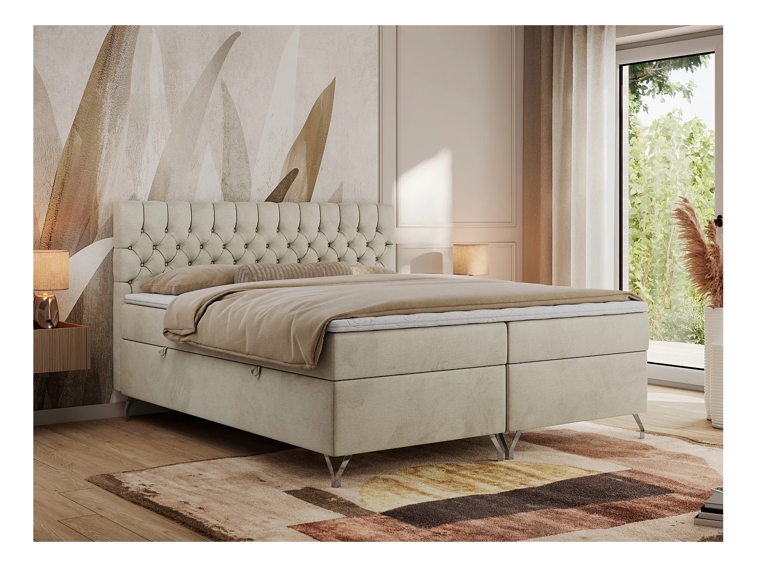 Boxspringbett GRIMALDI mit zwei Bettkästen, gesteppter Kopfstütze, Metallfüßen - 160x200 cm - H4 - Beige Velvet