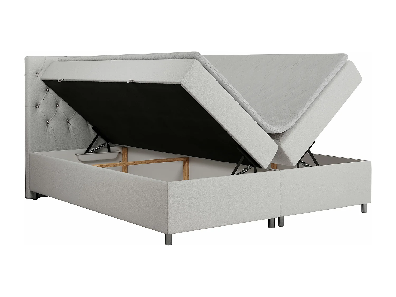Boxspringbett ROMA mit gestepptem Kopfteil, Multipocket-Matratze, dekorative Füße - 140x200 cm - H3 - Weiß Kunstleder