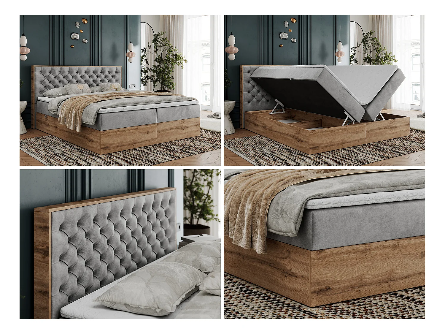 Boxspringbett ALBERO 3 - gesteppte Kopfstütze, Eiche Wotan Holzrahmen, Stauraum - 120x200 cm - H4 - Hellgrau Velvet