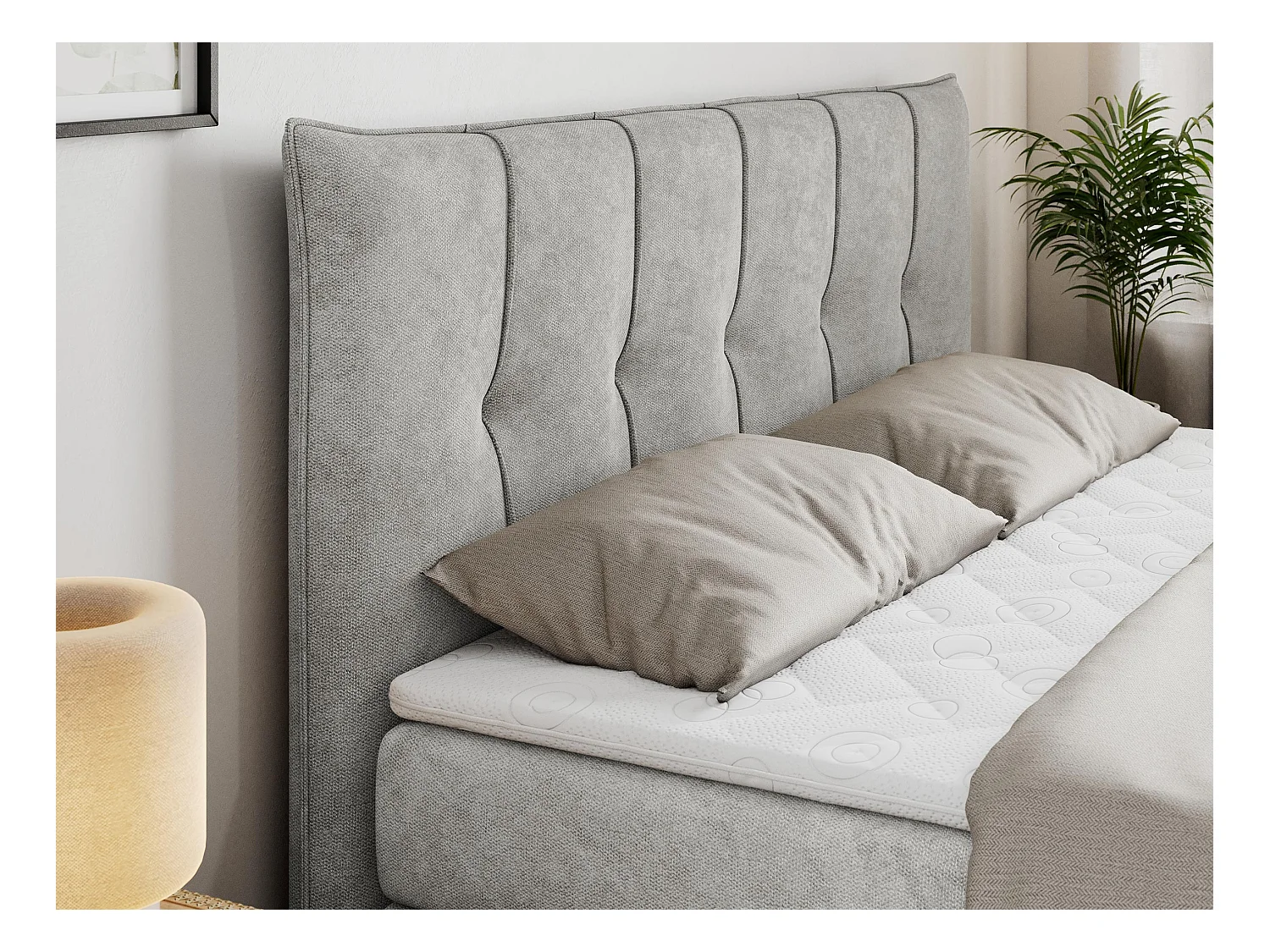 Boxspringbett PREMIUM 10 KING, Doppelbett mit Stauraum, gesteppte Kopfstütze, Multipocket-Matratze - 140x200 cm - H4 - Hellgrau Strukture