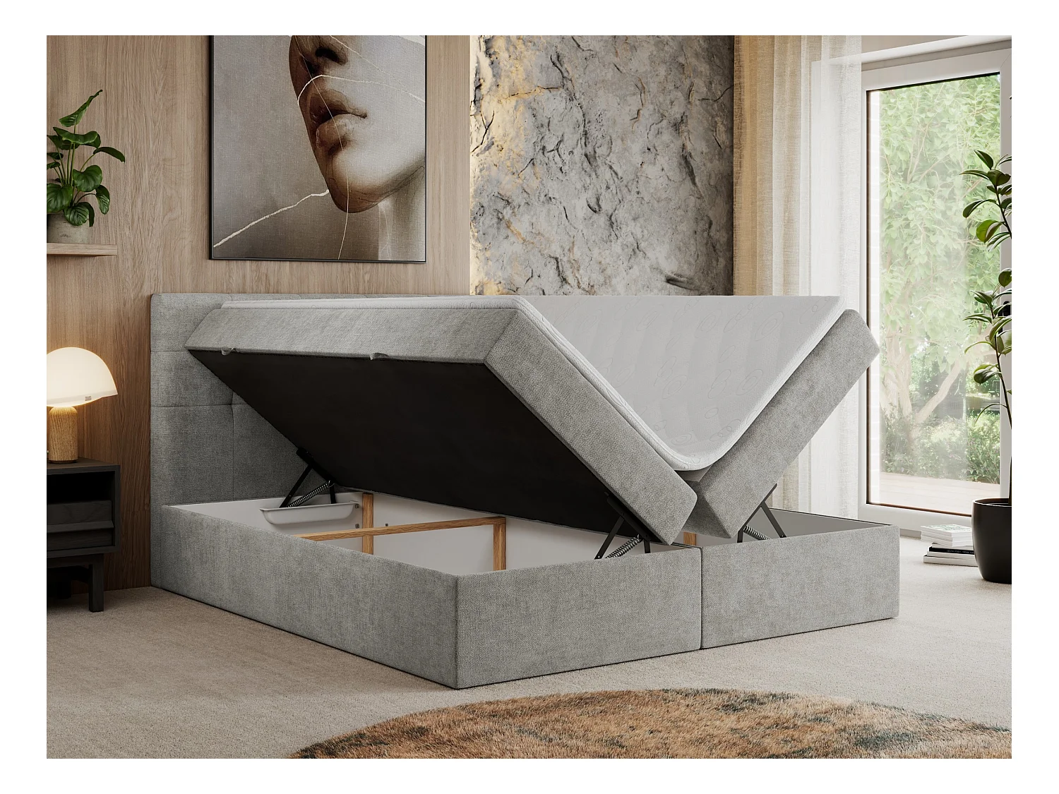 Boxspringbett CENTOS mit gestepptem Kopfteil, Multipocket-Matratze, Doppelbett mit Stauraum - 140x200 cm - H3 - Hellgrau Struktur