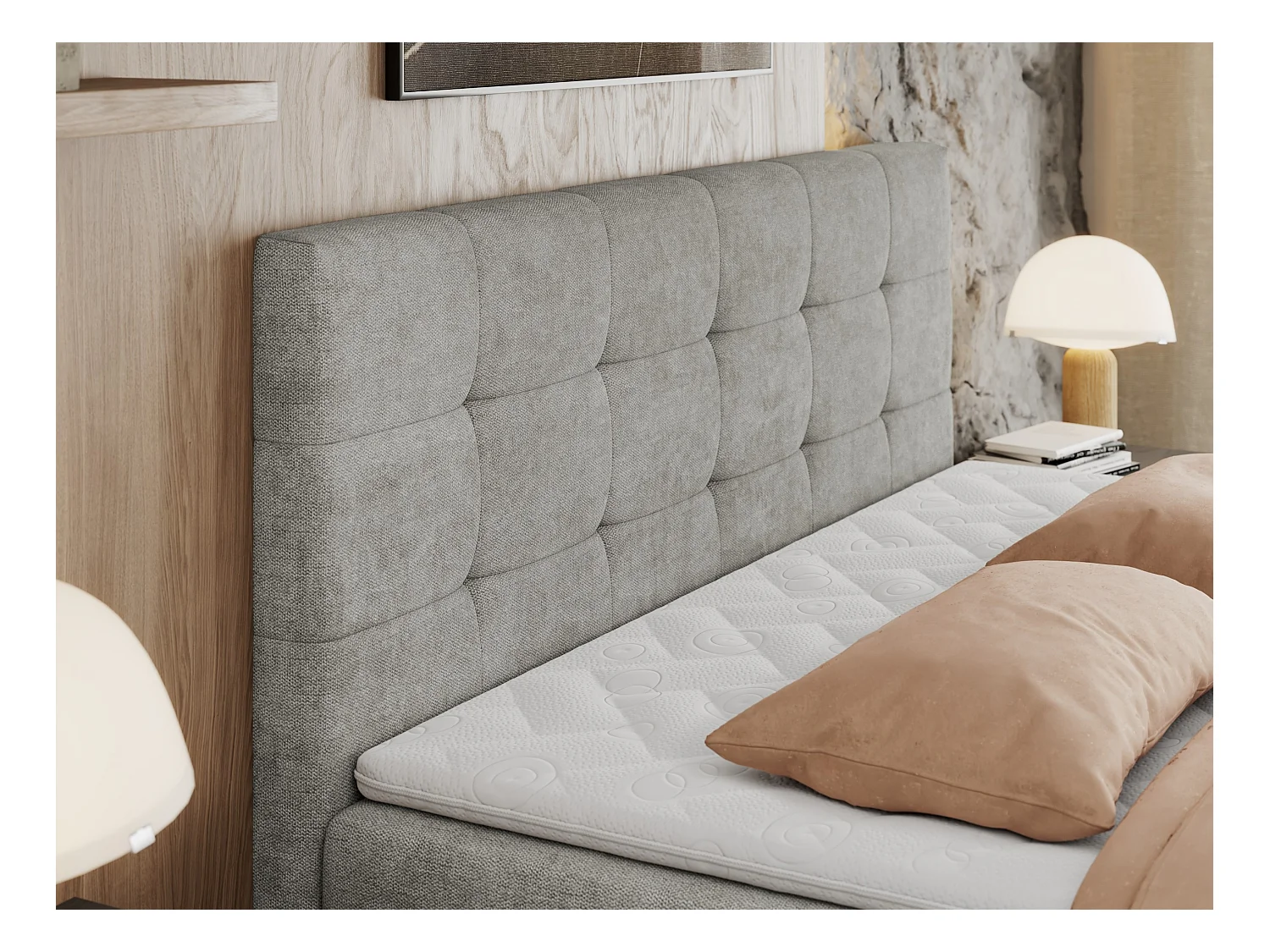 Boxspringbett CENTOS mit gestepptem Kopfteil, Multipocket-Matratze, Doppelbett mit Stauraum - 140x200 cm - H3 - Hellgrau Struktur