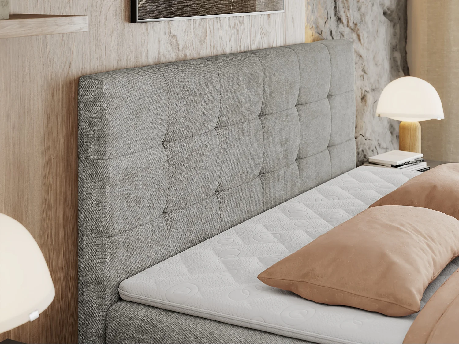 Boxspringbett CENTOS mit gestepptem Kopfteil, Multipocket-Matratze, Doppelbett mit Stauraum - 140x200 cm - H3 - Hellgrau Struktur