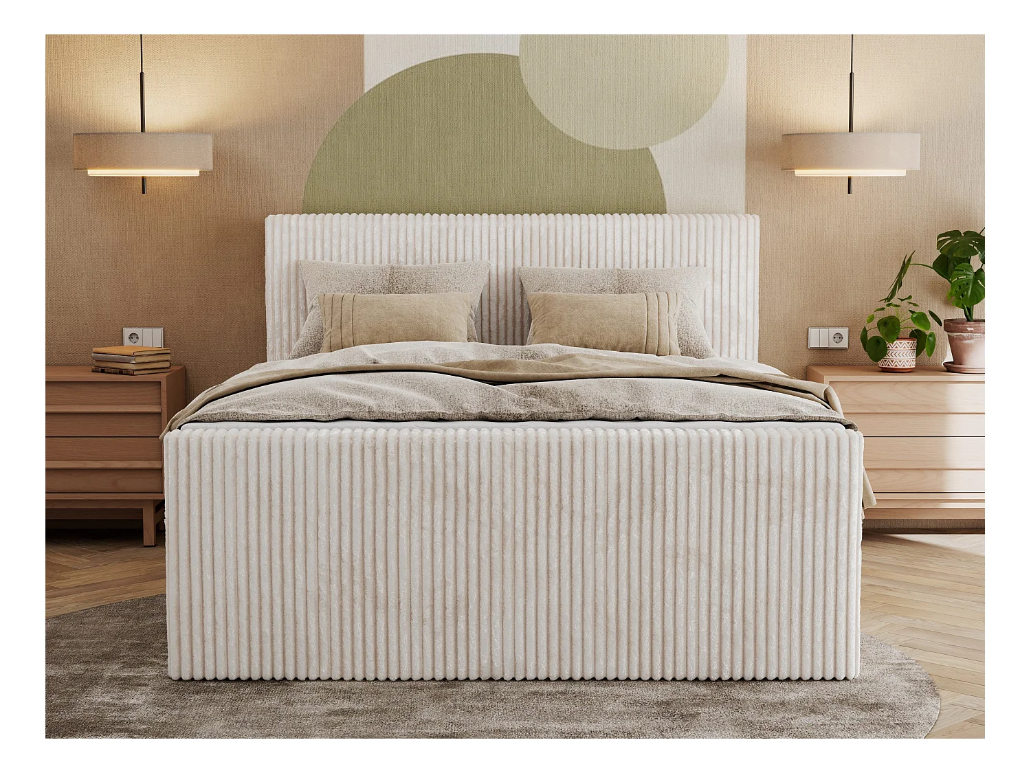 Boxspringbett TILIANO KING DUO, mit zwei Bettkästen, Cord Bett Multipocket-Matratze - 140x200 cm - H3 - Beige Cord