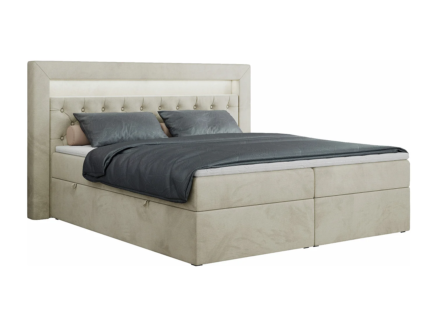 Boxspringbett GOLD 6, Doppelbett mit Stauraum, LED-Beleuchtung, gesteppte Kopfstütze - 160x200 cm - H3 - Beige Velvet