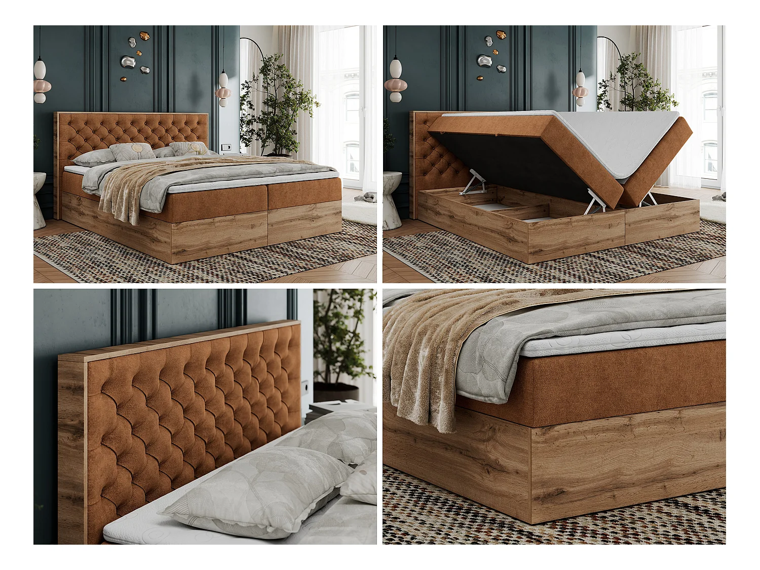 Boxspringbett ALBERO 3 - gesteppte Kopfstütze, Eiche Wotan Holzrahmen, Stauraum - 180x200 cm - H4 - Orange Strukture