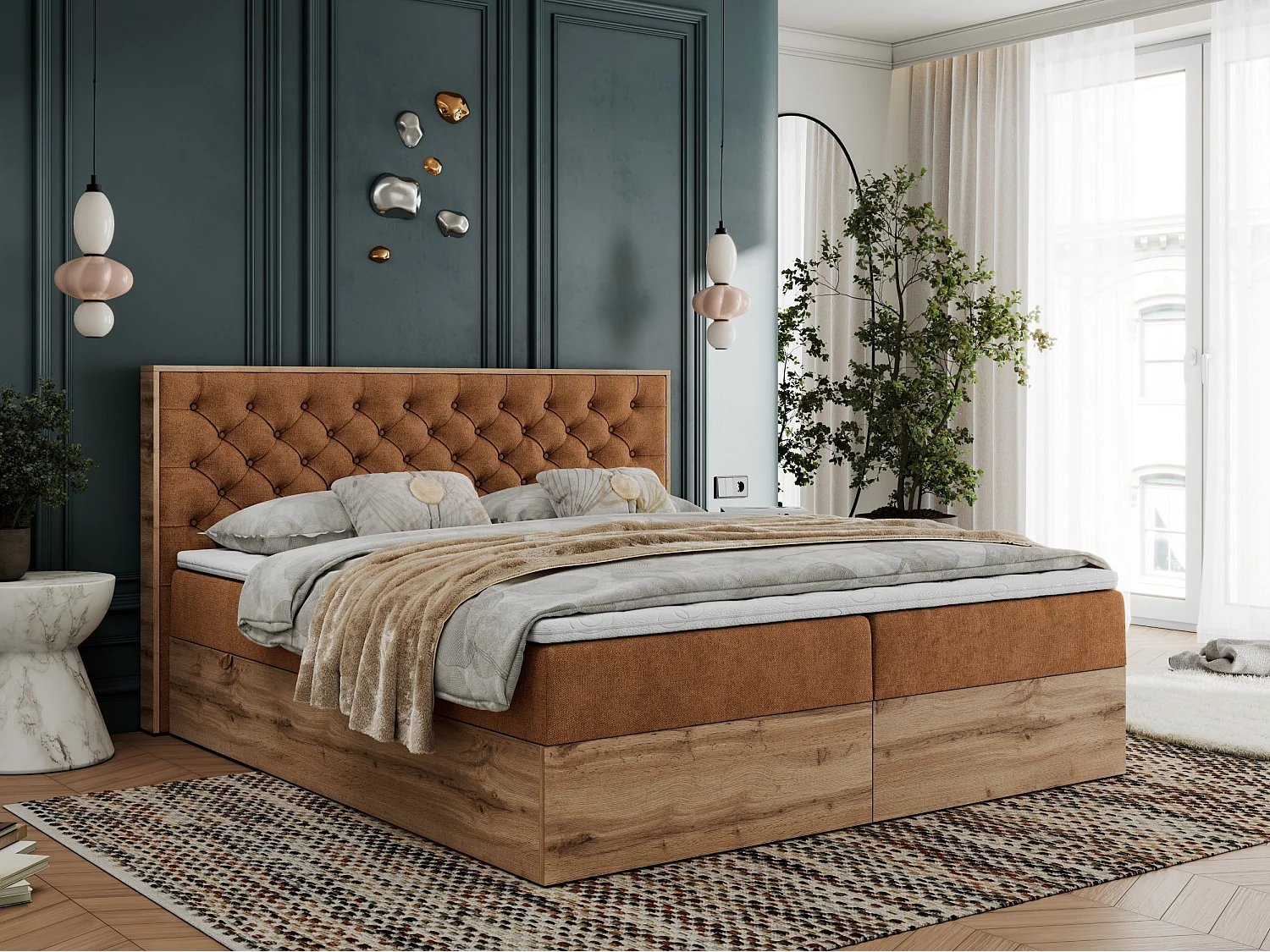 Boxspringbett ALBERO 3 - gesteppte Kopfstütze, Eiche Wotan Holzrahmen, Stauraum - 180x200 cm - H4 - Orange Strukture