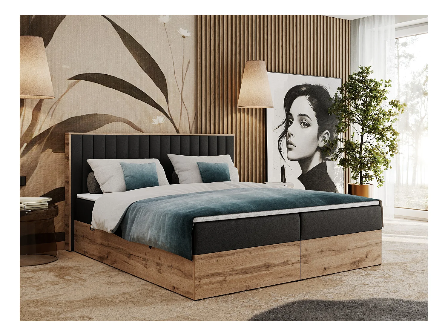 Boxspringbett ALBERO 4, Eiche Wotan Holzrahmen, mit Stauraum, genähtes Kopfteil - 120x200 cm - H3 - Schwarz Kunstleder