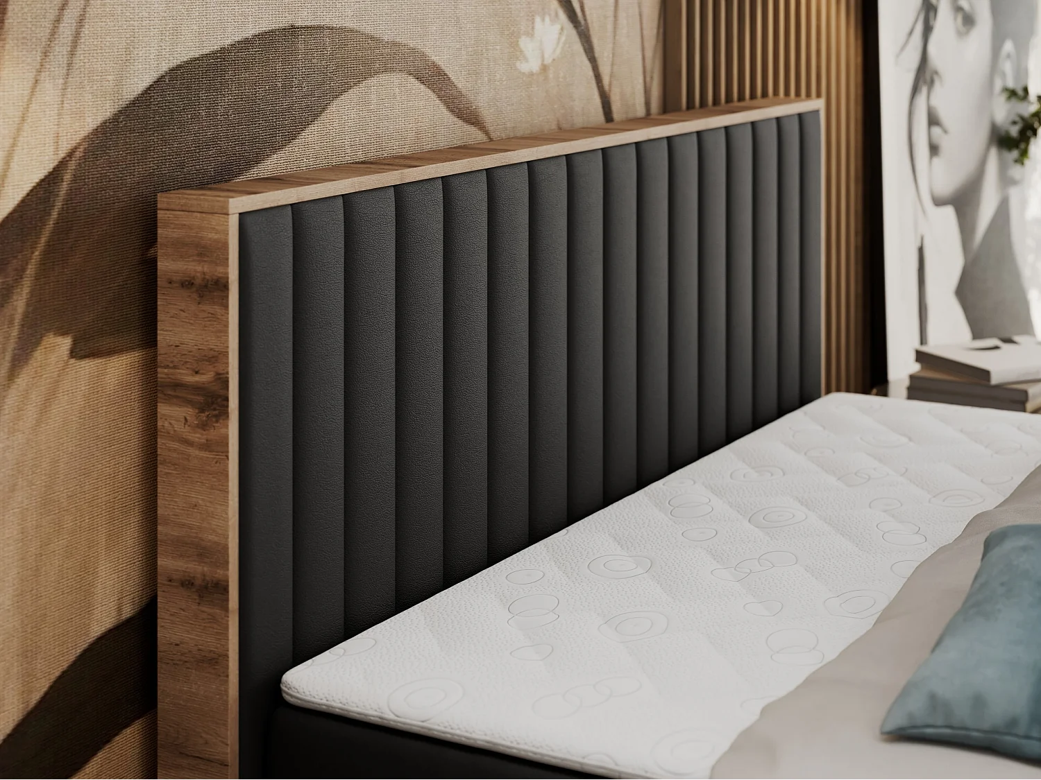 Boxspringbett ALBERO 4, Eiche Wotan Holzrahmen, mit Stauraum, genähtes Kopfteil - 120x200 cm - H3 - Schwarz Kunstleder