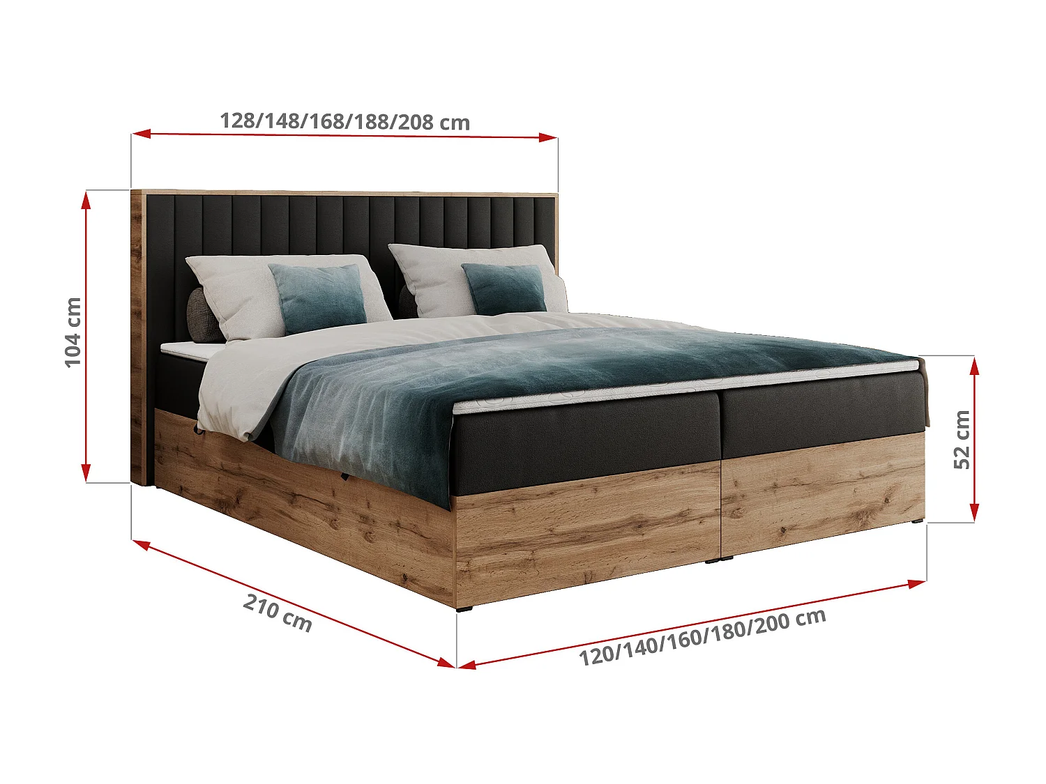 Boxspringbett ALBERO 4, Eiche Wotan Holzrahmen, mit Stauraum, genähtes Kopfteil - 120x200 cm - H3 - Schwarz Kunstleder