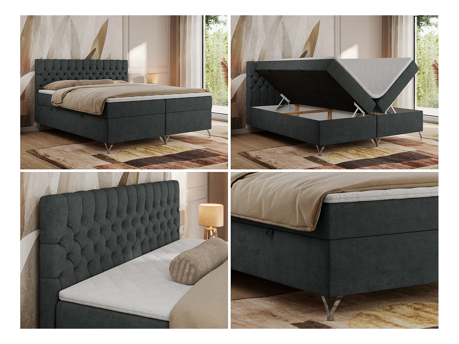 Boxspringbett GRIMALDI mit zwei Bettkästen, gesteppter Kopfstütze, Metallfüßen - 200x200 cm - H3 - Dunkelgrau Strukture